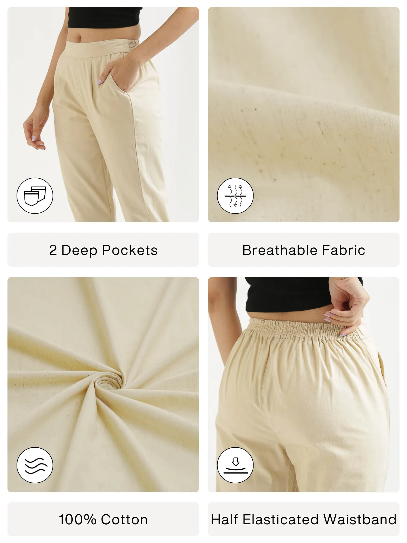 Women Beige Cotton Pant - Image 2