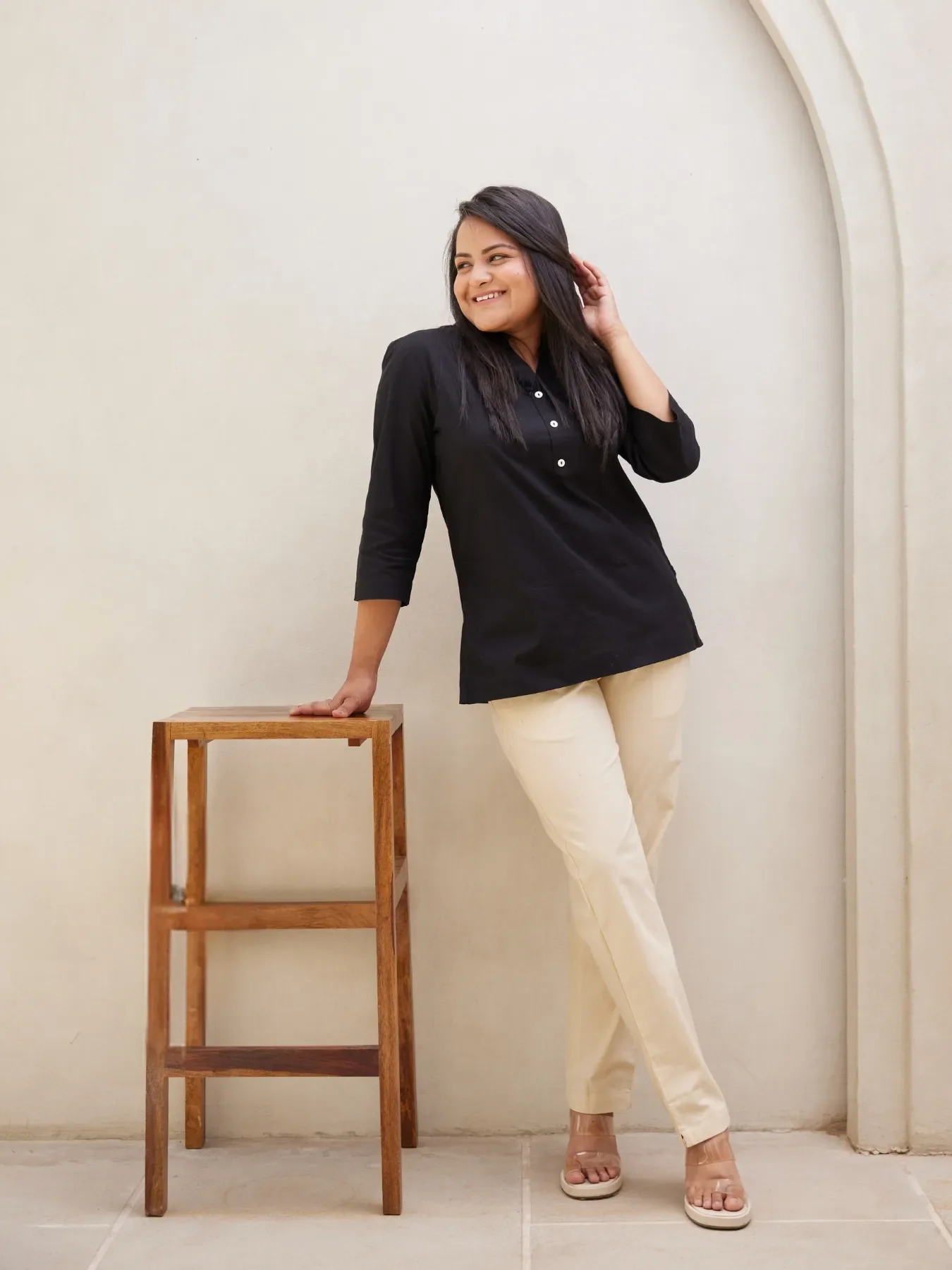 Women Beige Cotton Pant - Image 4
