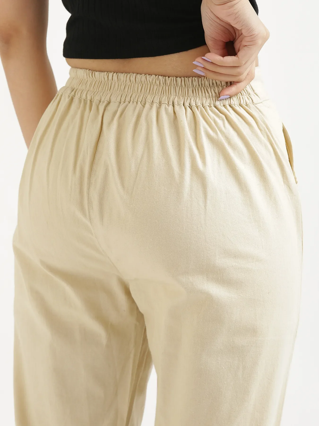 Women Beige Cotton Pant - Image 7