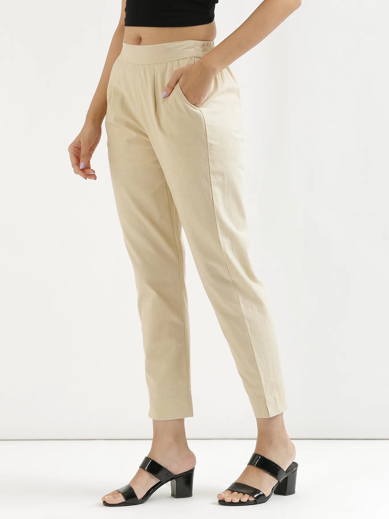 Women Beige Cotton Pant - Image 9
