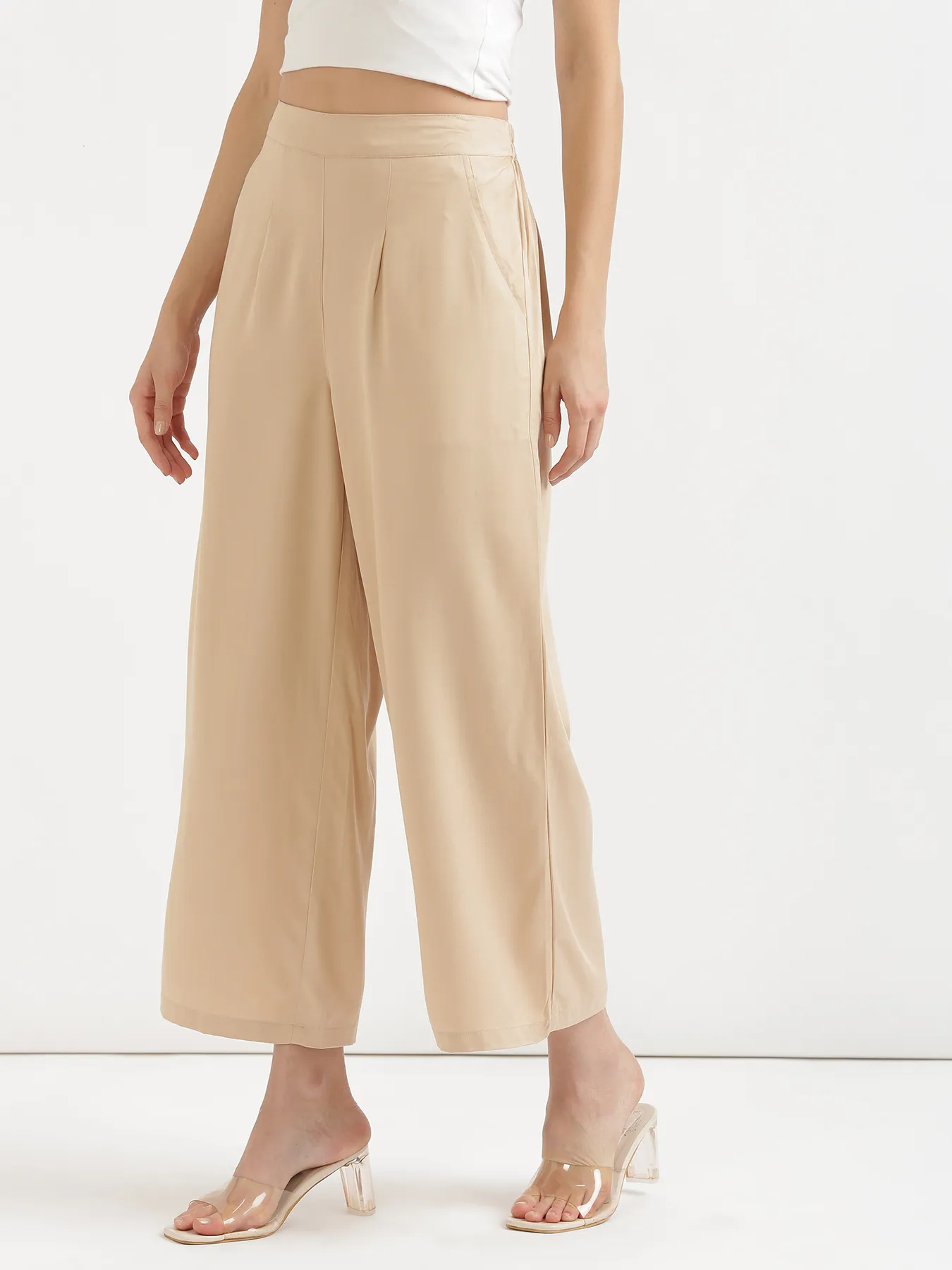 Women Beige Viscose Palazzo Pant - Image 4