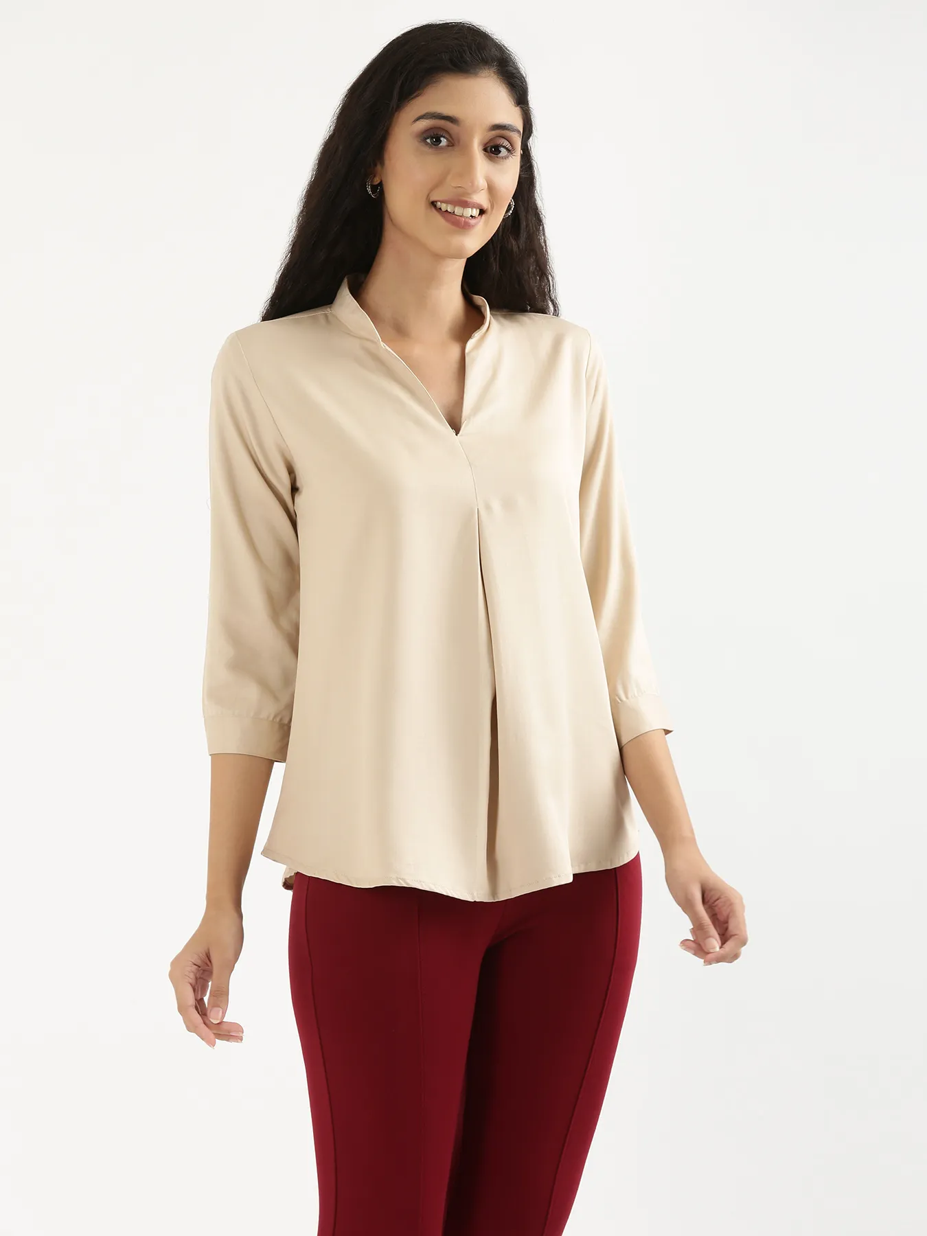 Women Beige Viscose Pleated Top - Image 5