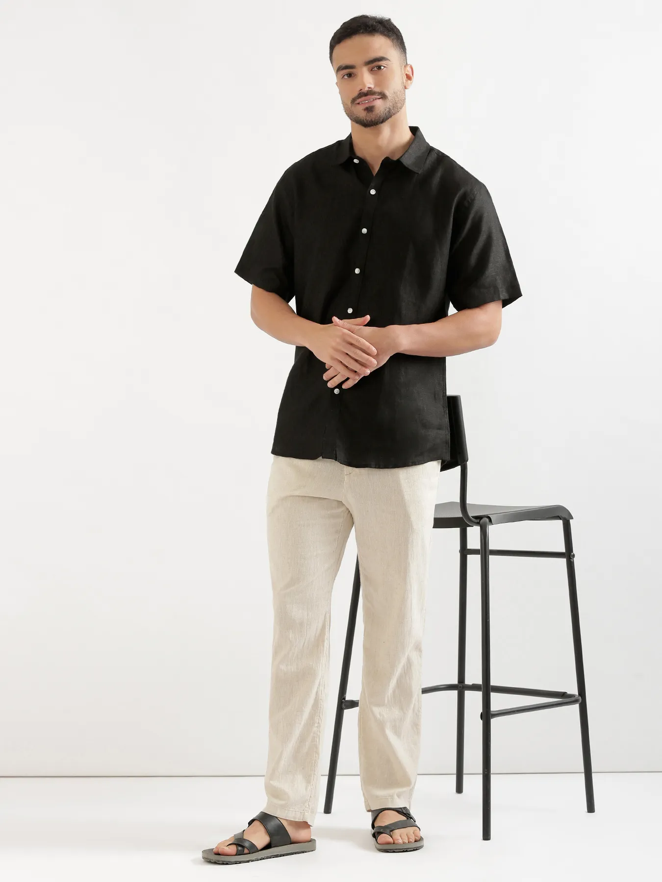 Men Black 100% Linen Half Sleeve Shirt - Image 7