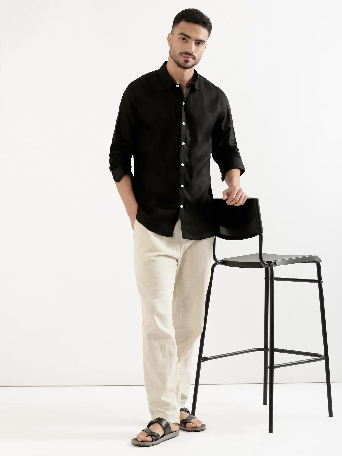 Men Black 100% Full Sleeve Linen Shirt - Image 8