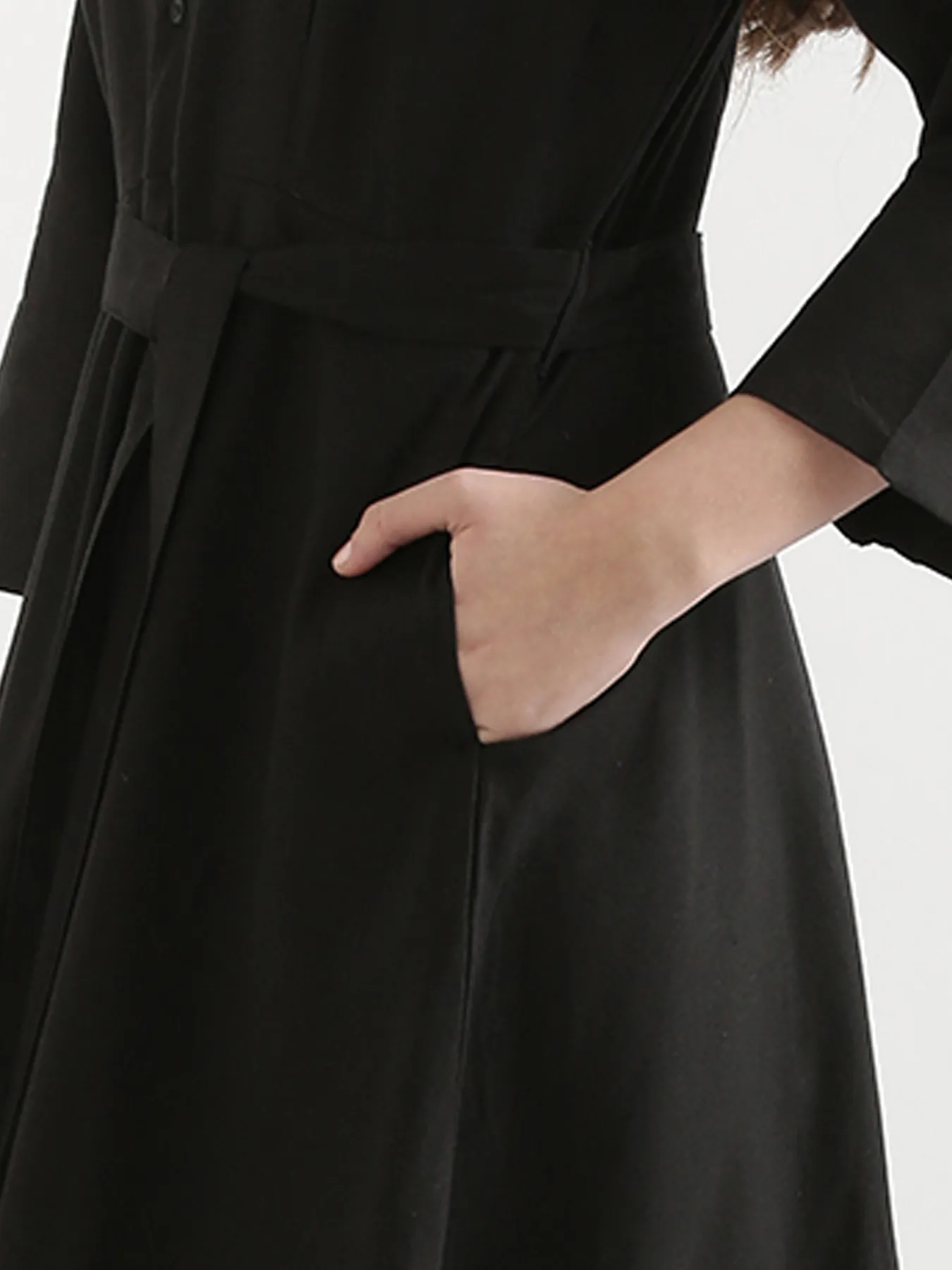 Women Black Airy Linen Flared Dress - Image 14