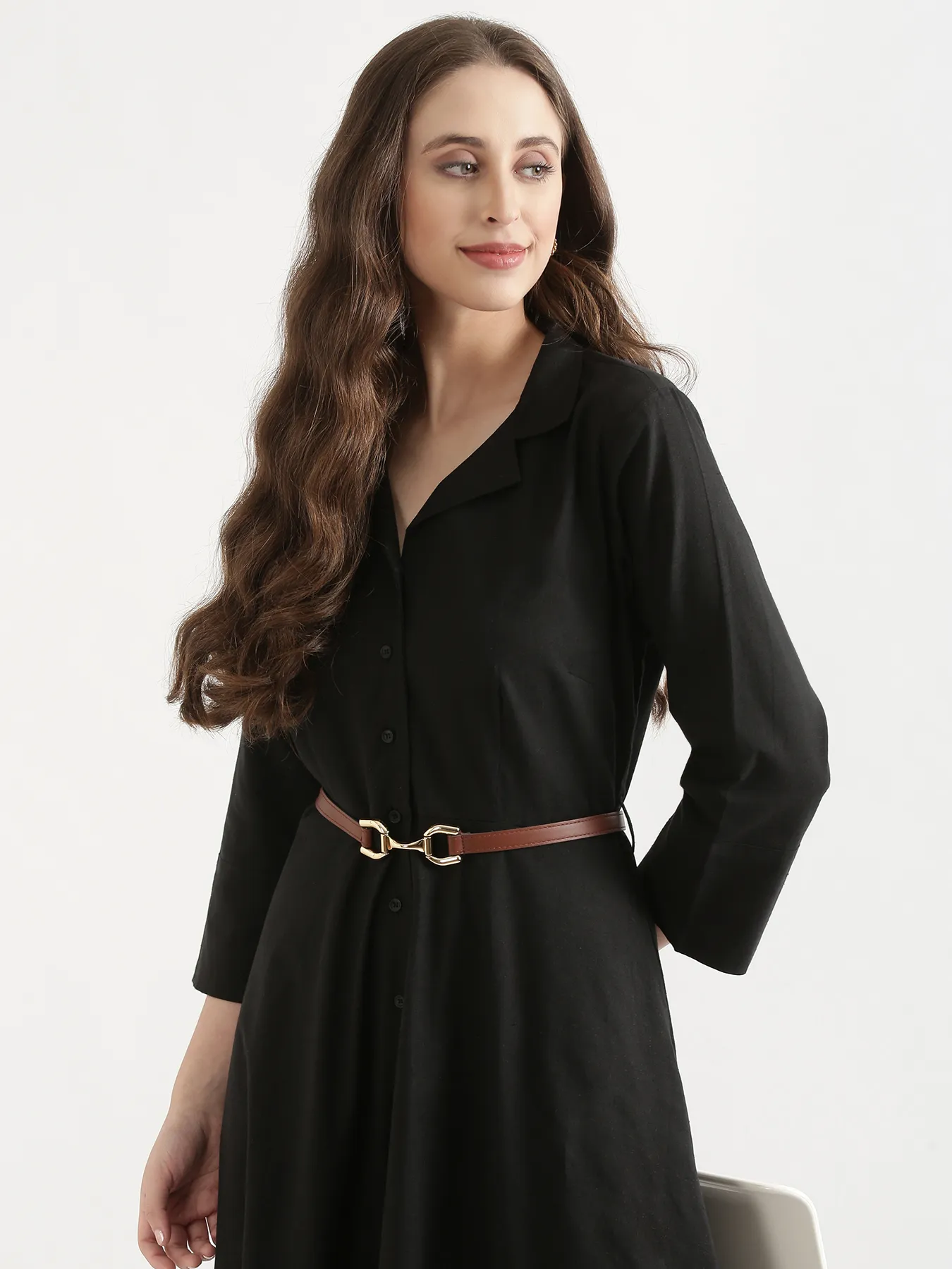 Women Black Airy Linen Flared Dress - Image 8