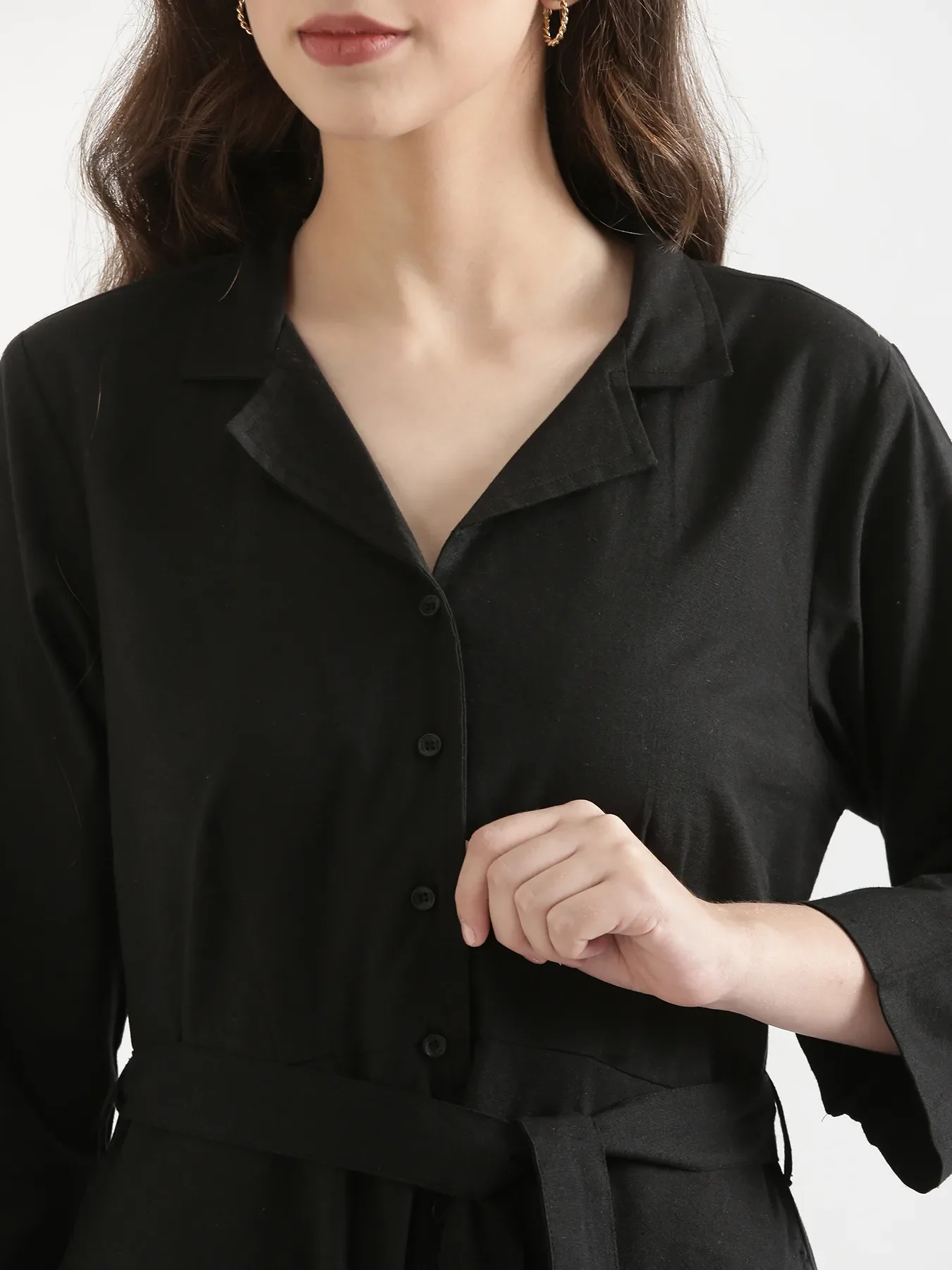 Women Black Airy Linen Flared Dress - Image 9