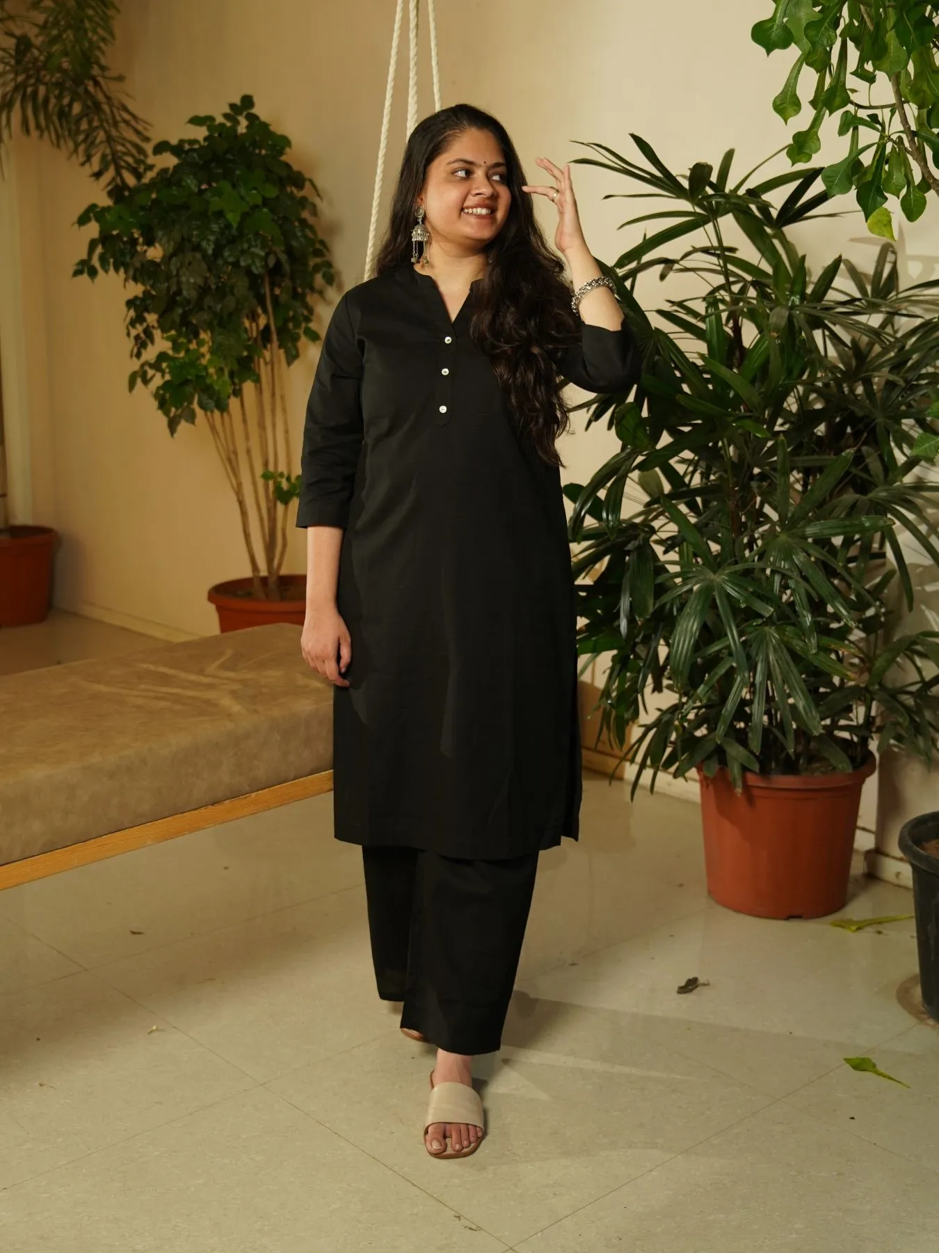 Black Airy Linen Long Kurta Co-ord Set - Image 6