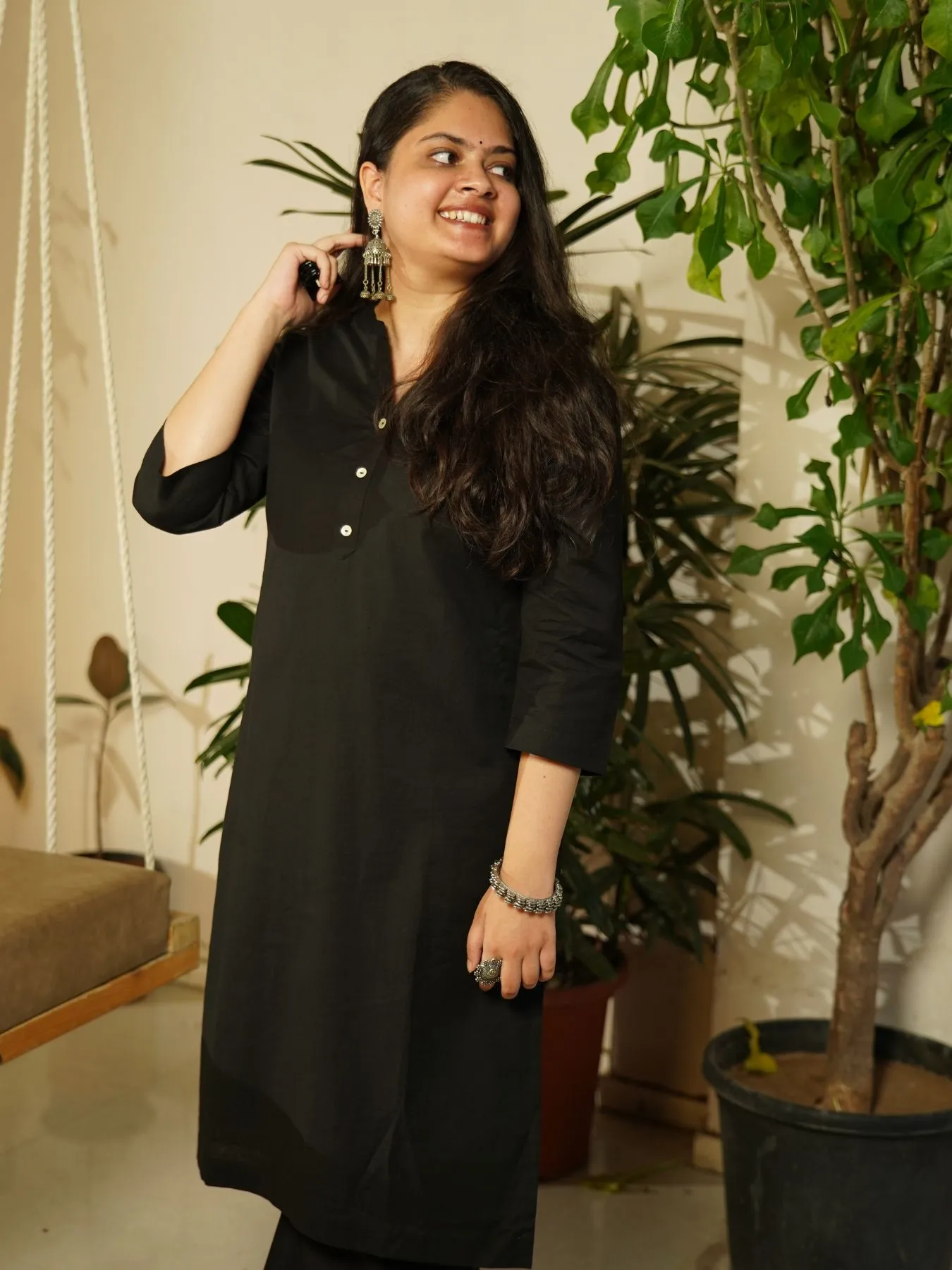 Black Airy Linen Long Kurta Co-ord Set - Image 7