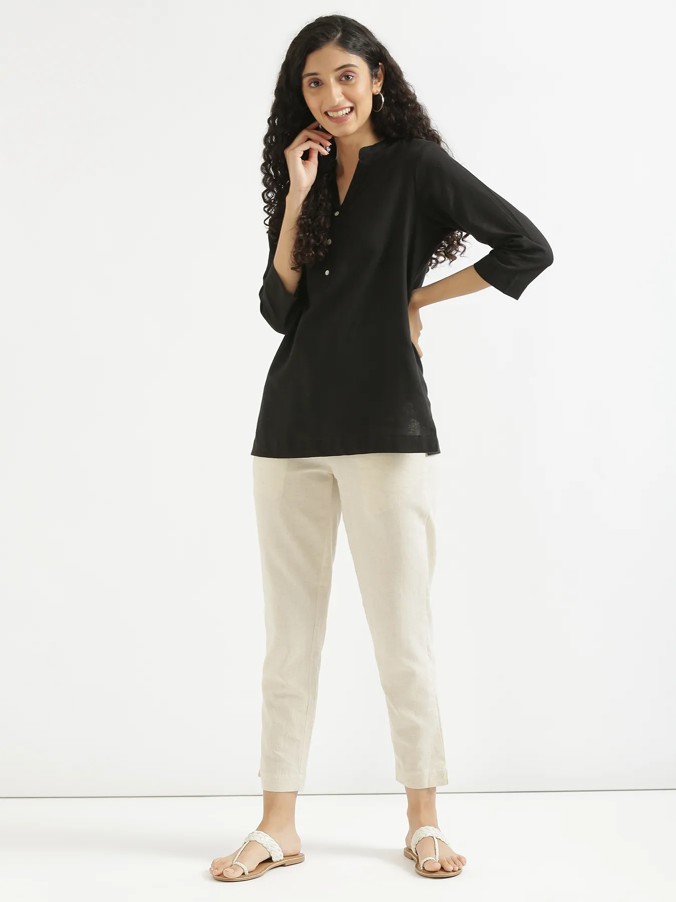 Women Black Airy Linen Short Kurta - Image 10