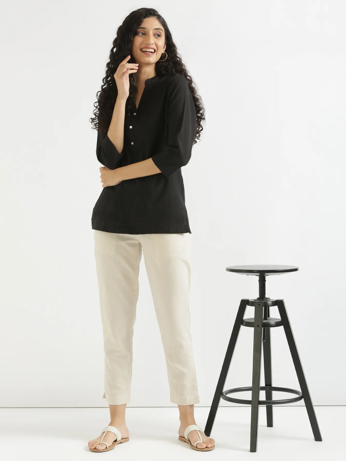 Women Black Airy Linen Short Kurta - Image 11