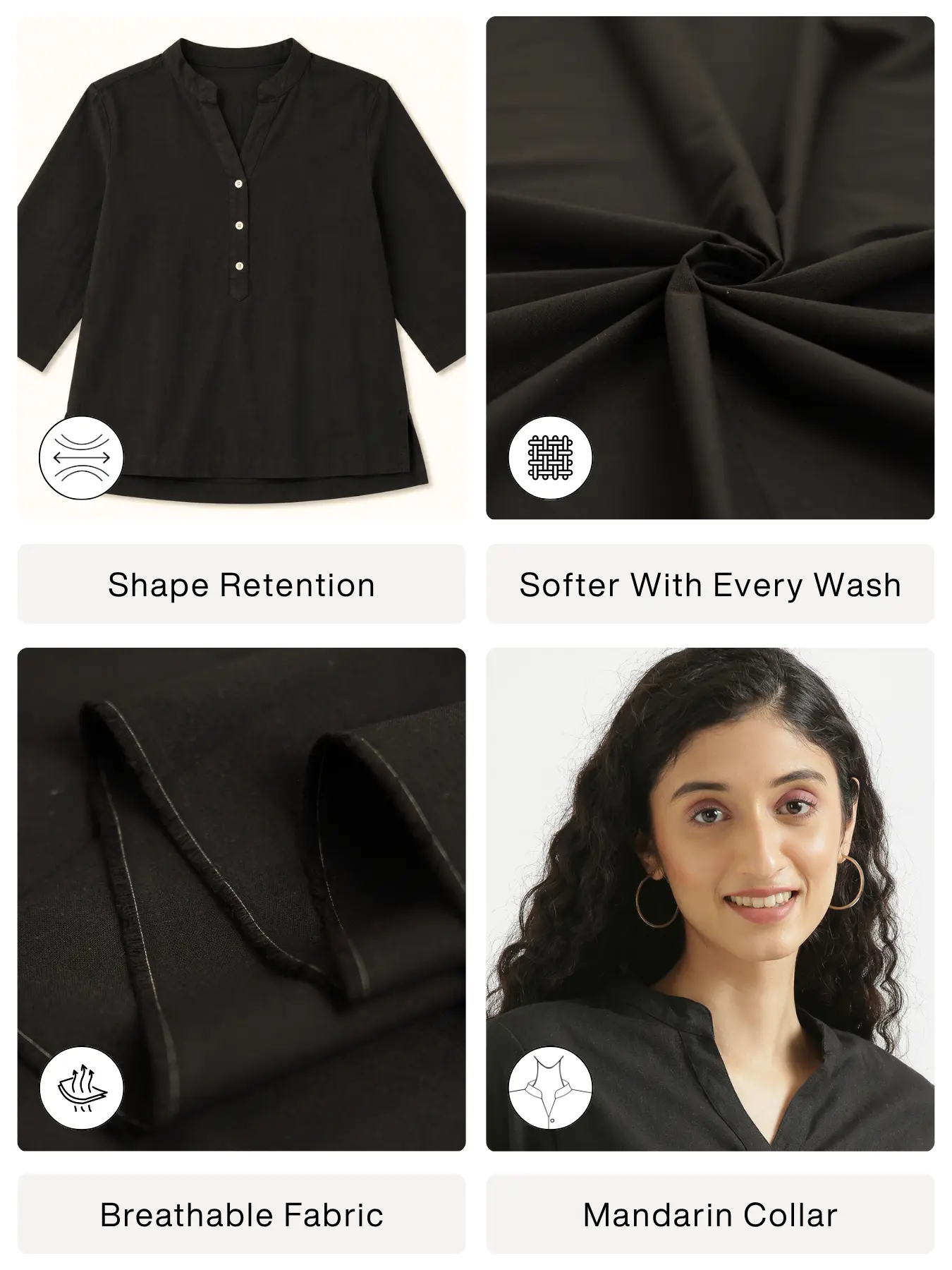 Women Black Airy Linen Short Kurta - Image 2