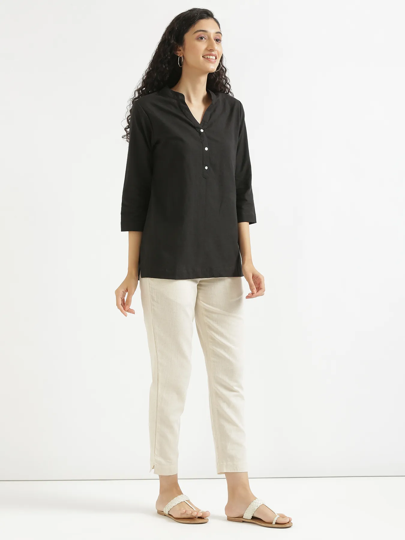 Women Black Airy Linen Short Kurta - Image 7