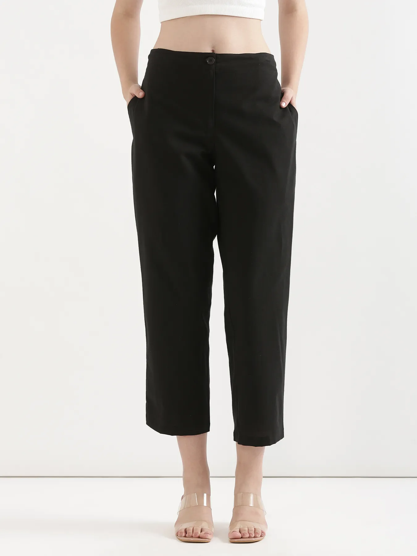 Women Black Airy Linen Straight Pants
