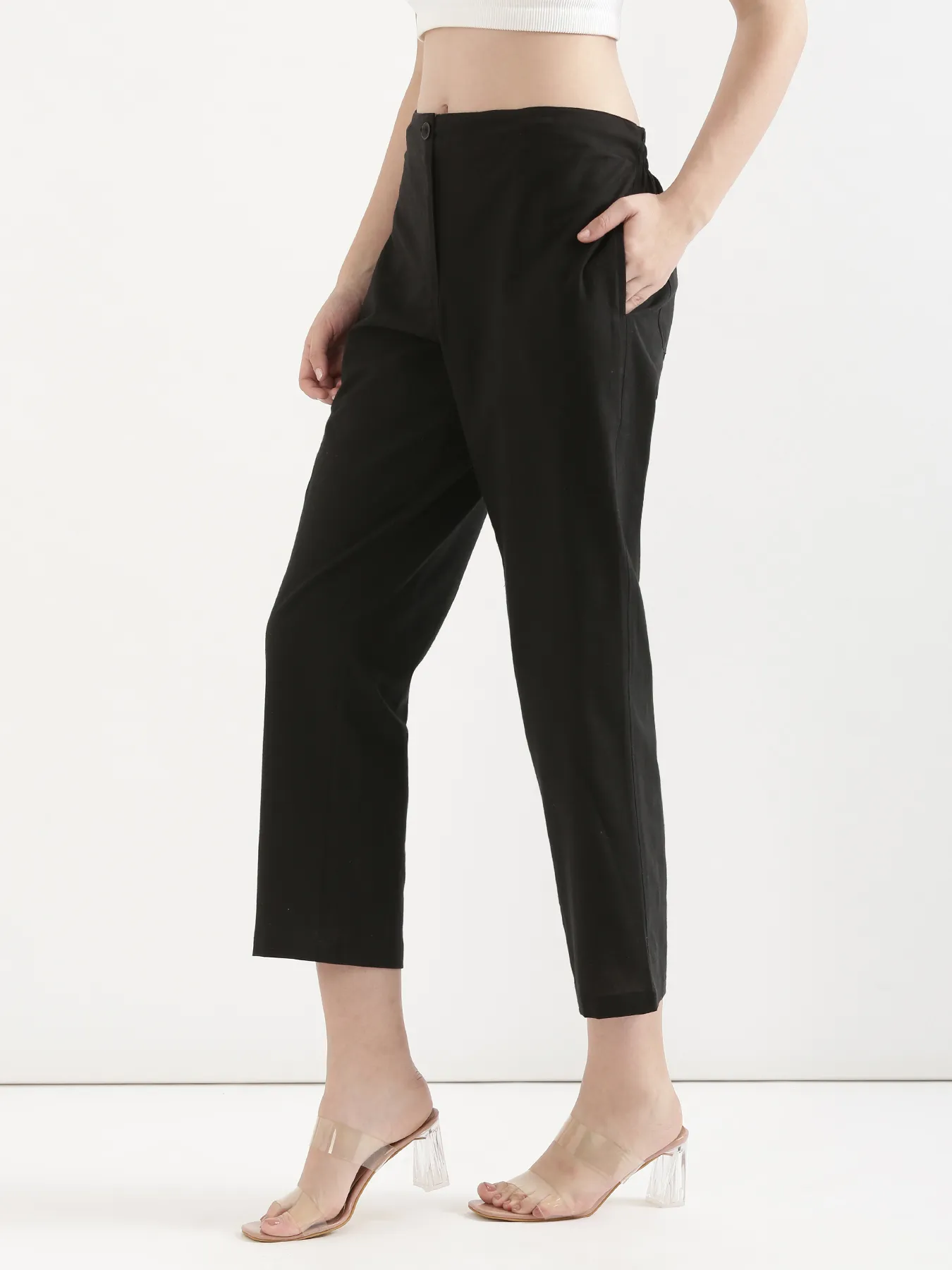 Women Black Airy Linen Straight Pants - Image 5