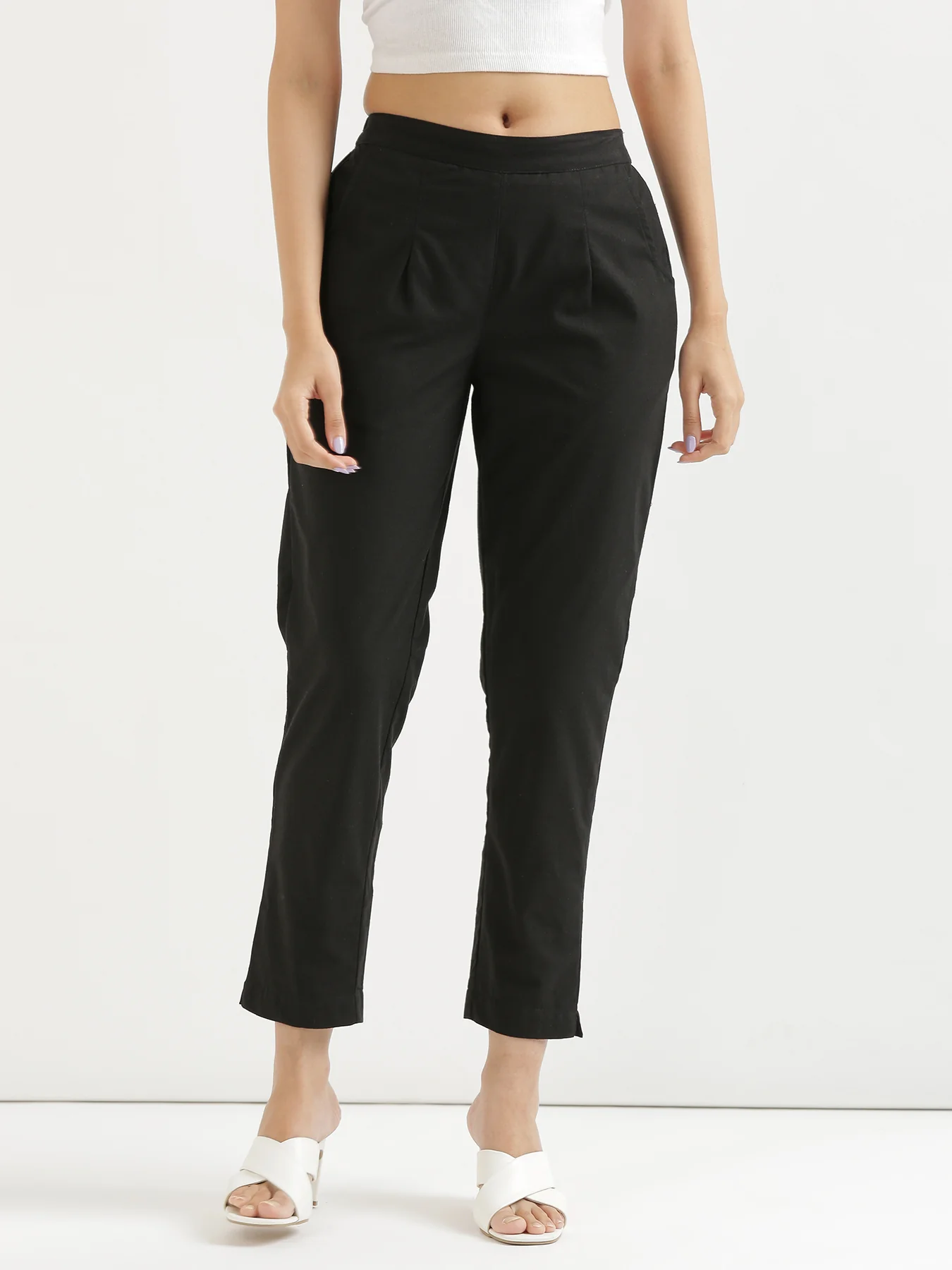 Women Black & Cement Grey Cotton Pant - Image 3