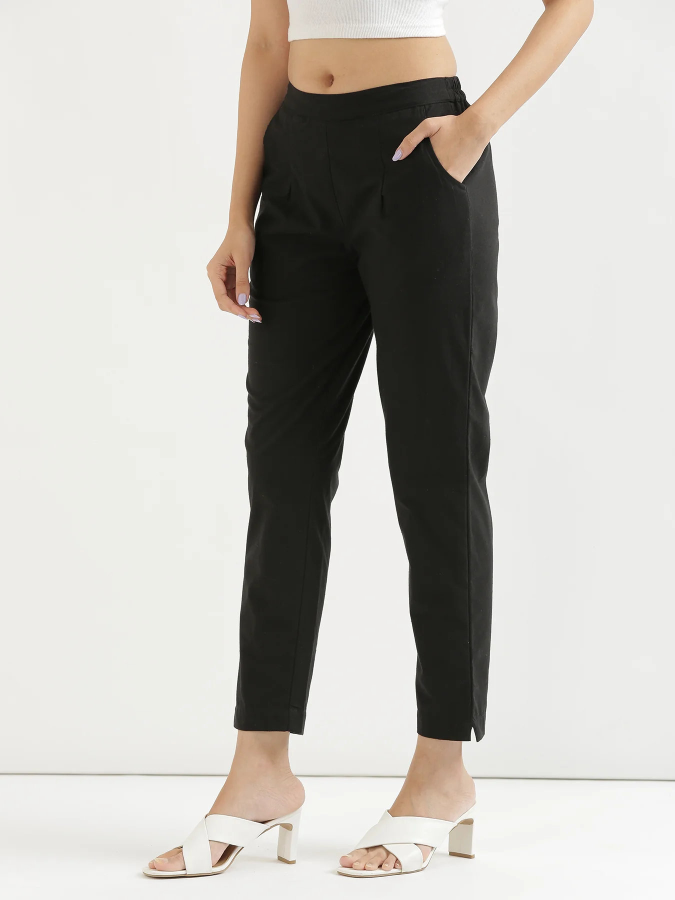 Women Black & Cement Grey Cotton Pant - Image 5