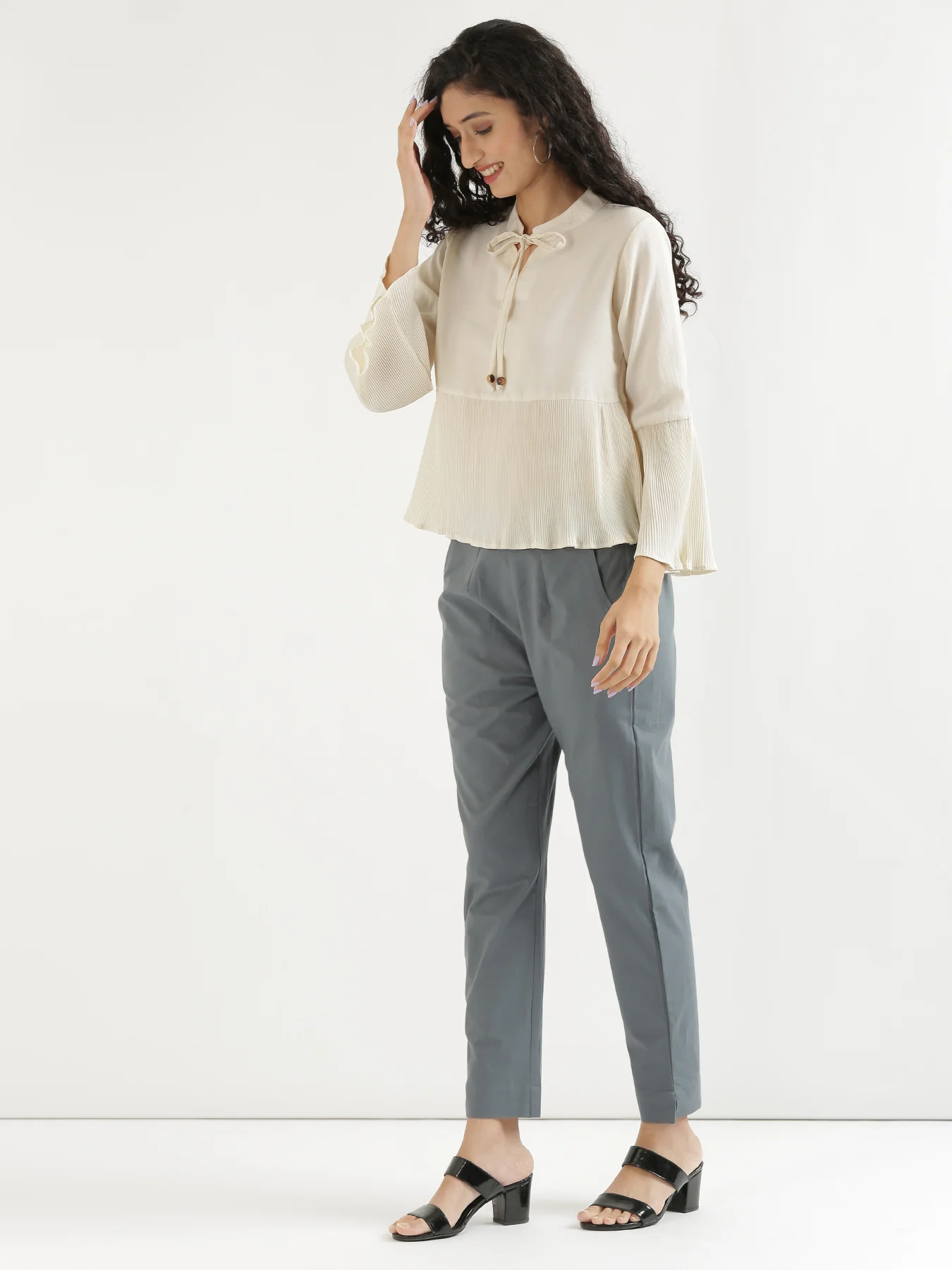 Women Black & Cement Grey Cotton Pant - Image 8