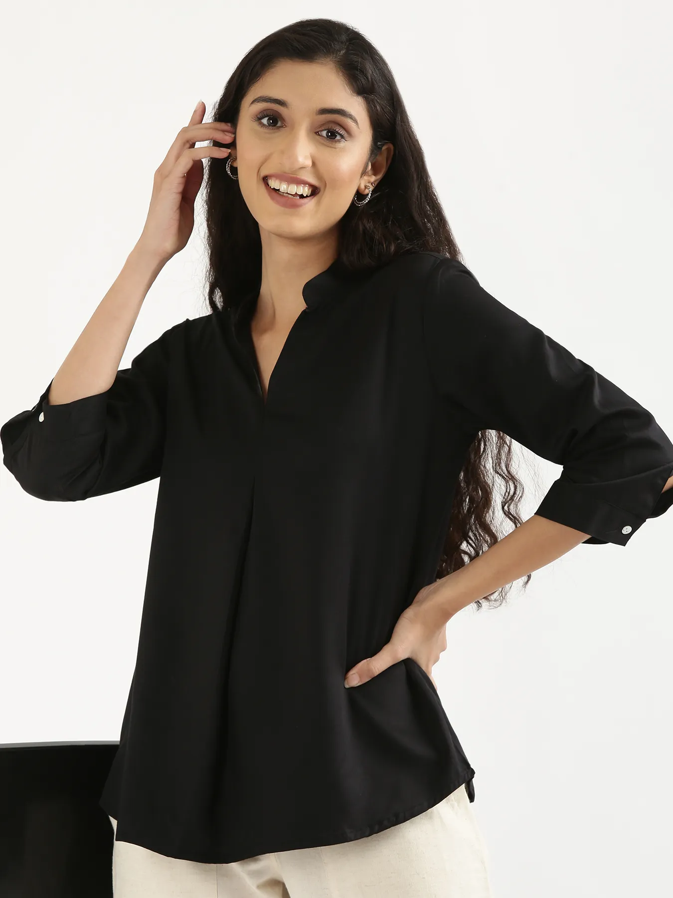 Women Black Viscose Pleated Top - Image 10