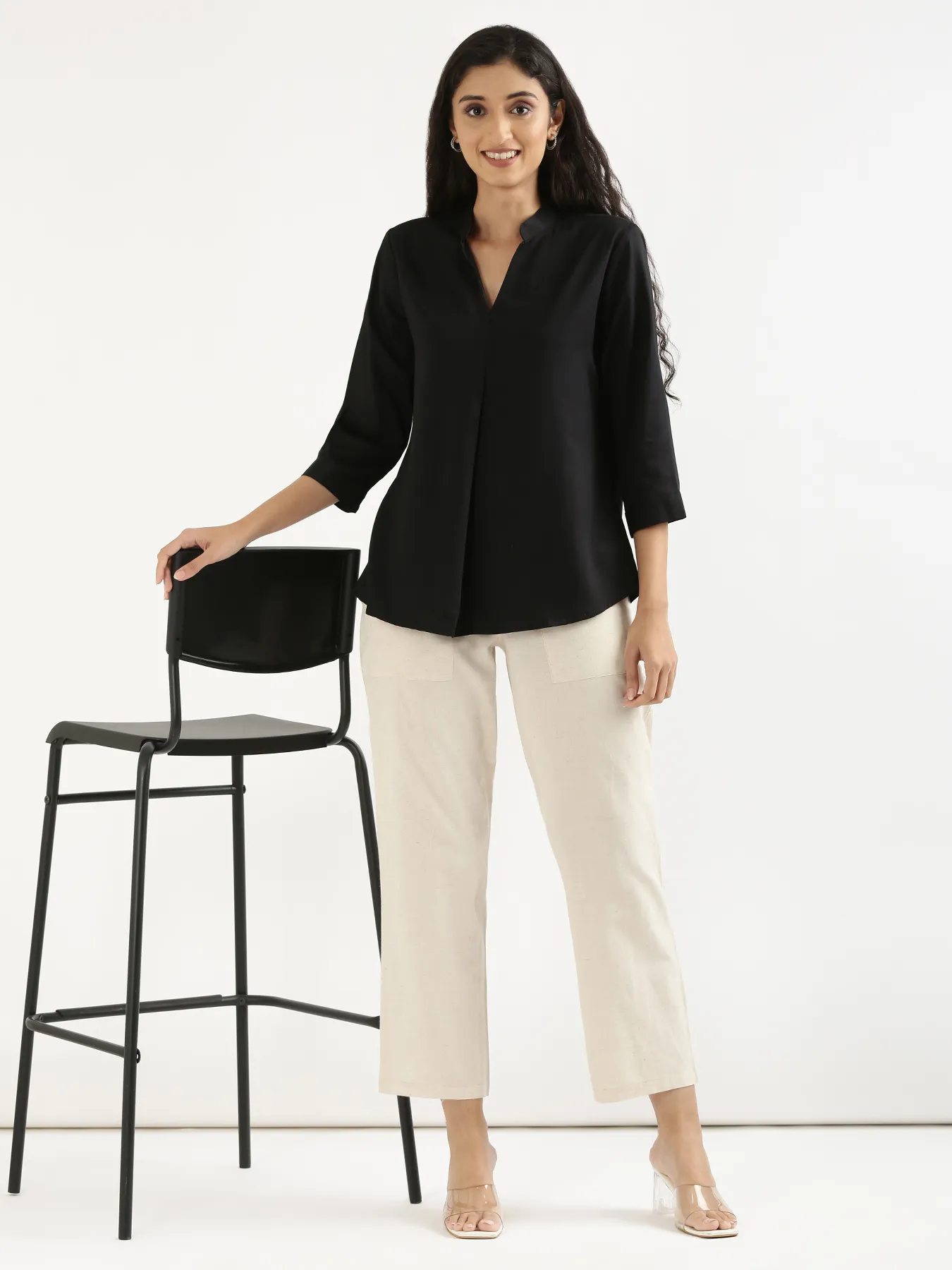 Women Black Viscose Pleated Top - Image 11