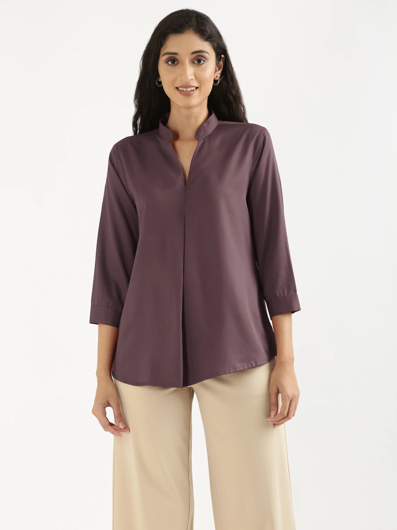 Women Brinjal Viscose Pleated Top