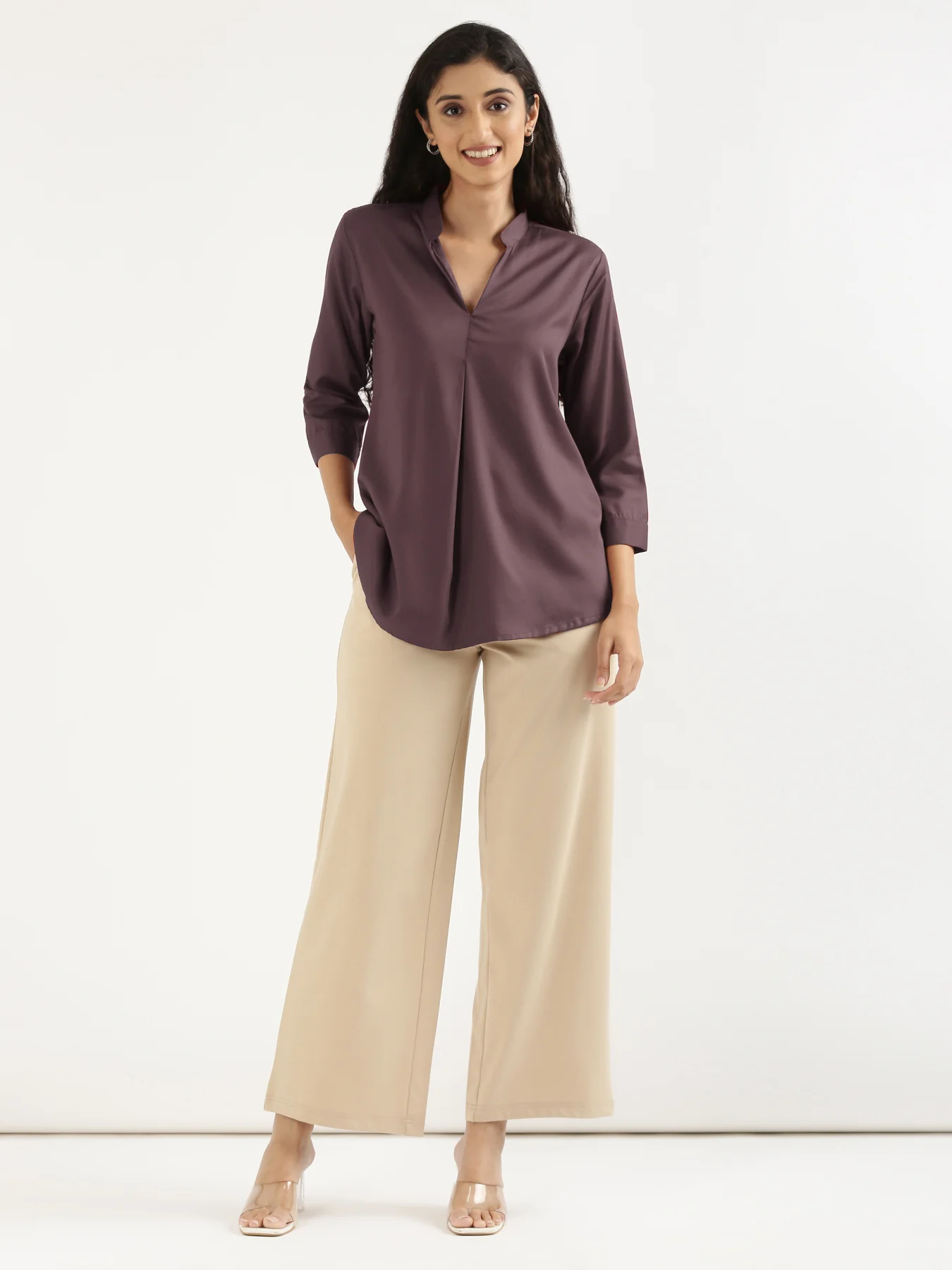 Women Brinjal Viscose Pleated Top - Image 3