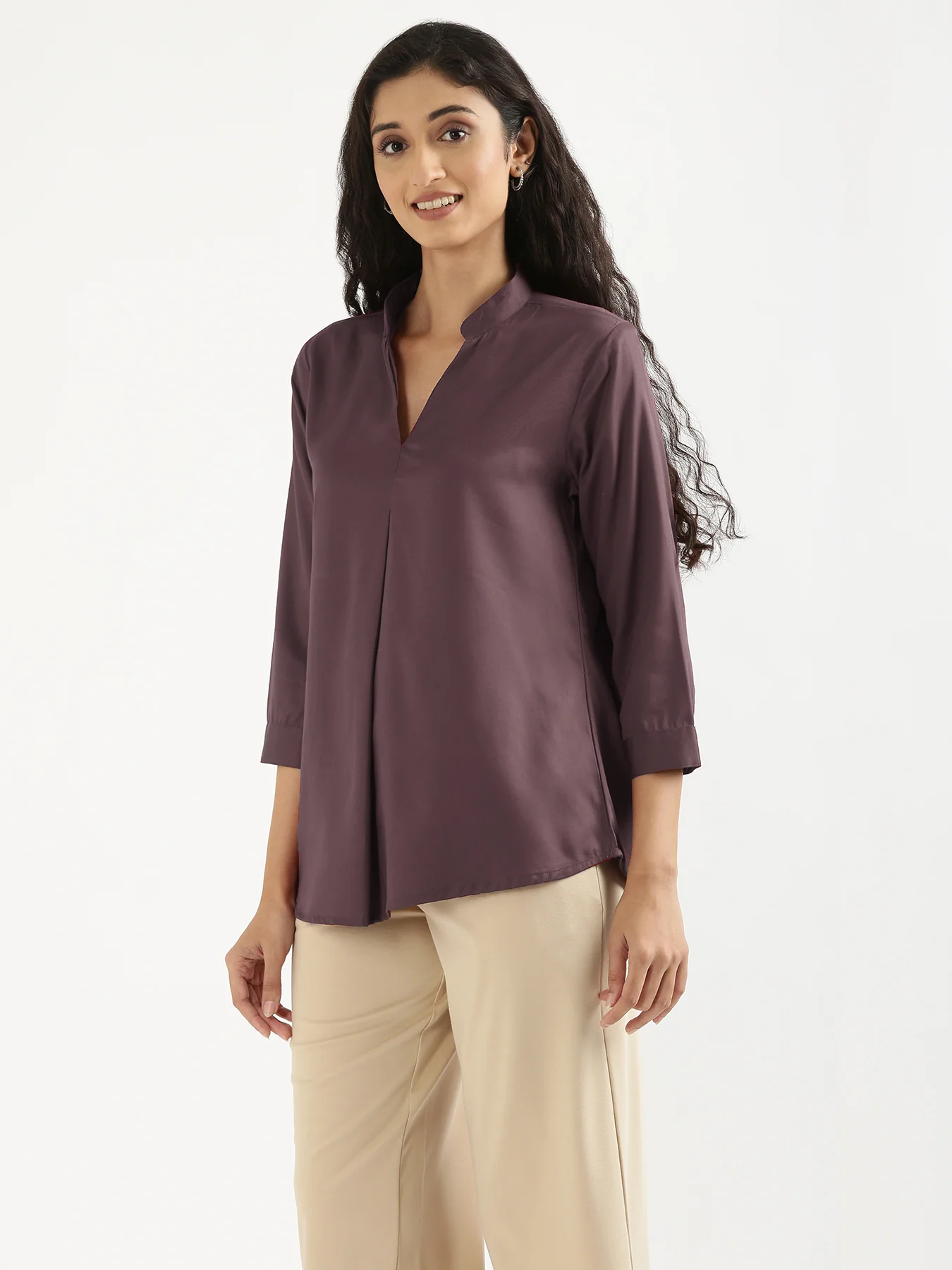 Women Brinjal Viscose Pleated Top - Image 4