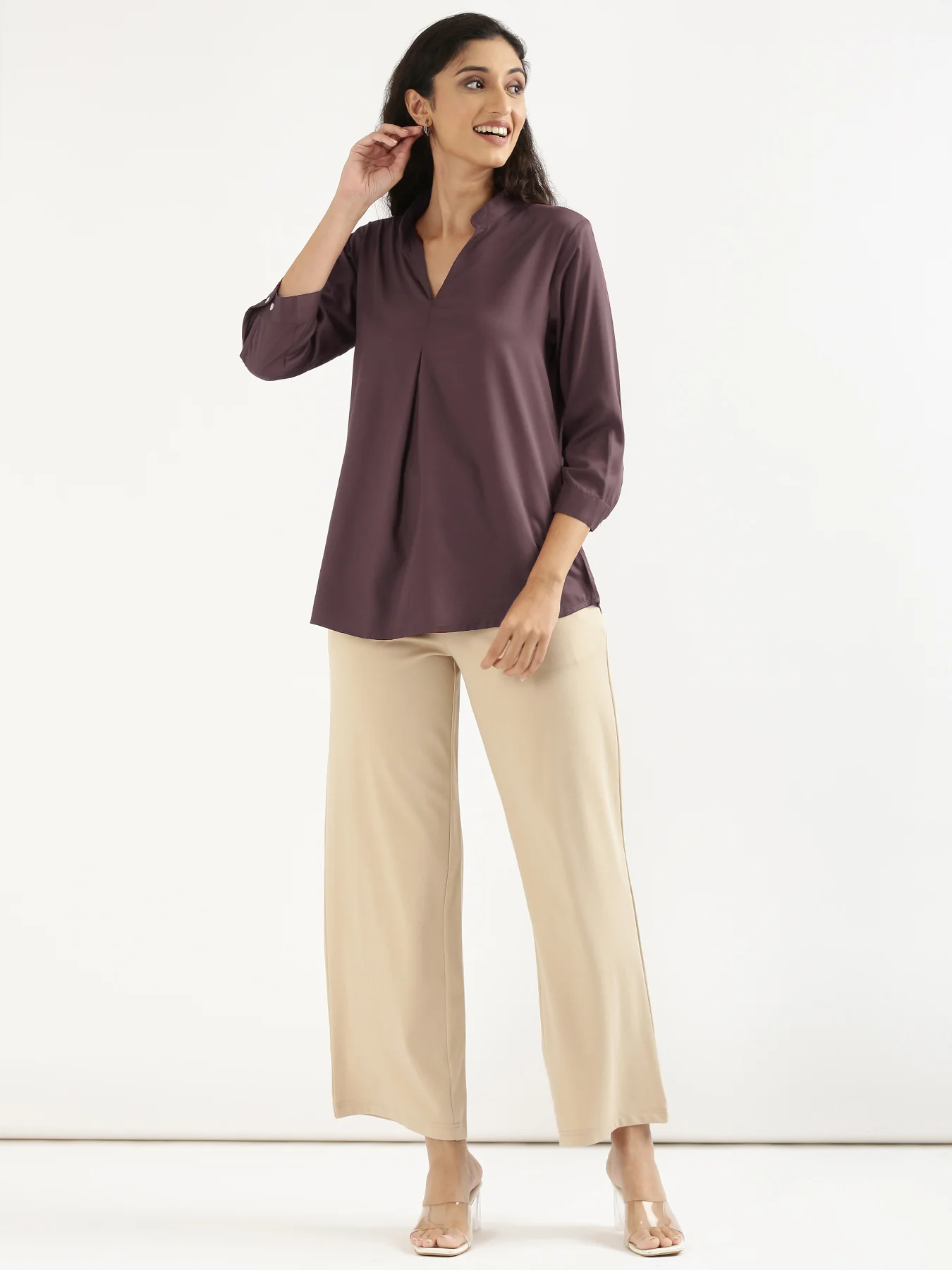 Women Brinjal Viscose Pleated Top - Image 8