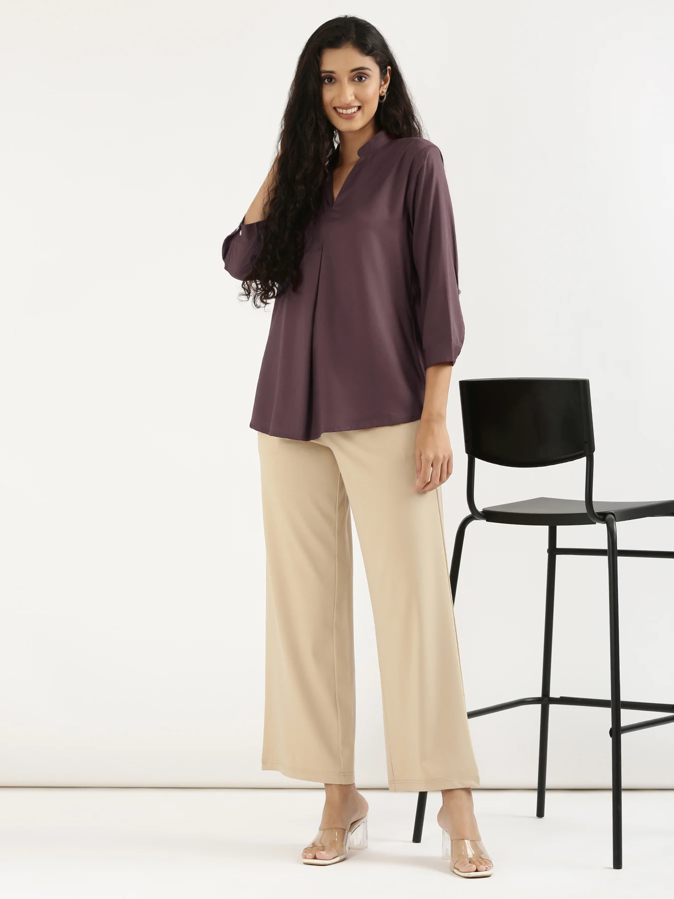 Women Brinjal Viscose Pleated Top - Image 9