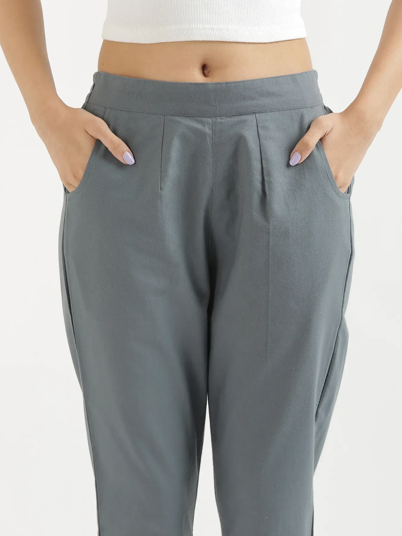 Women Cement Grey Cotton Pant - Image 5