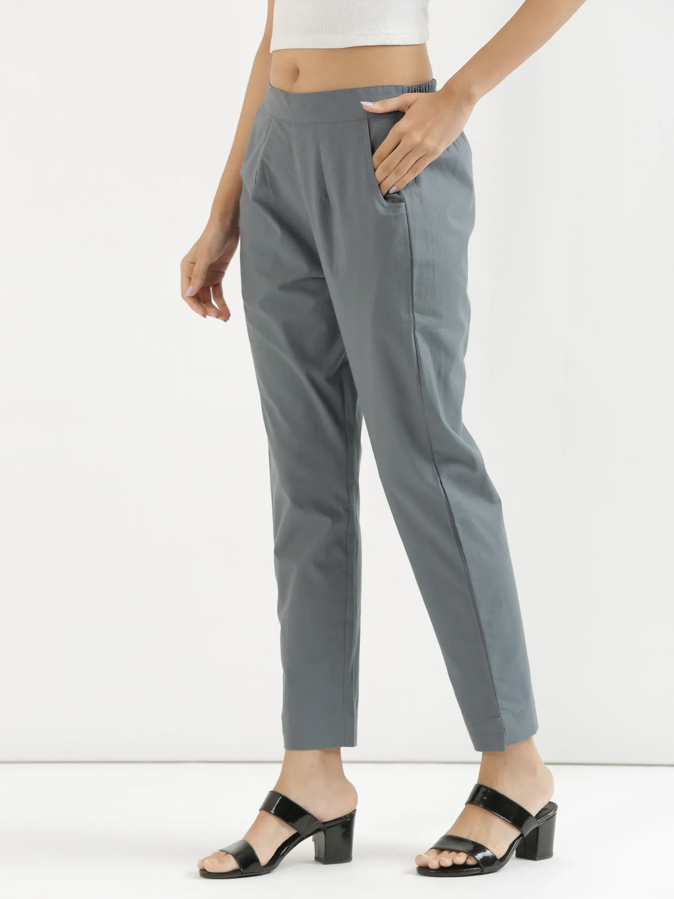 Women Cement Grey Cotton Pant - Image 9