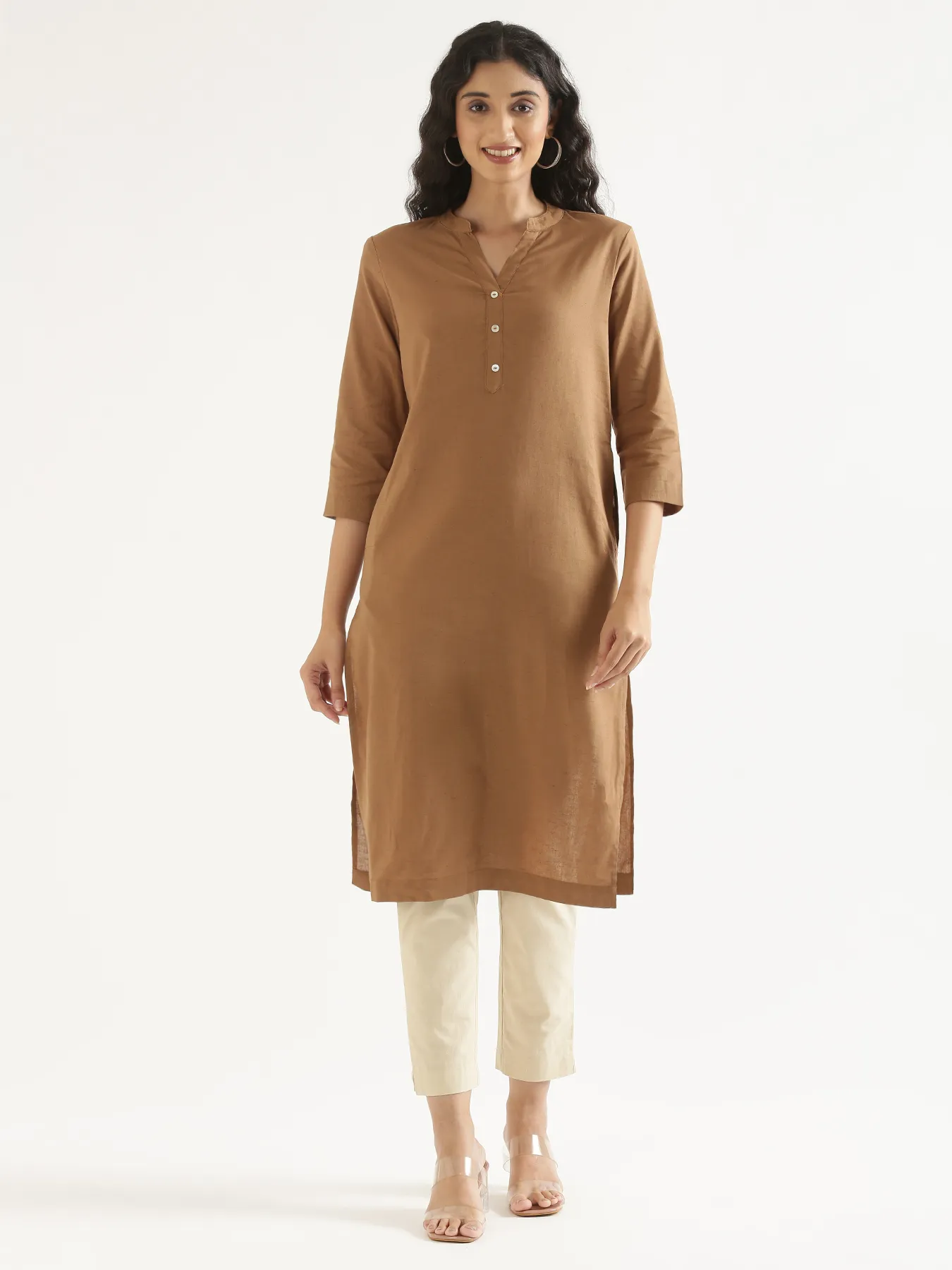 Women Coffee Brown Airy Linen Long Kurta