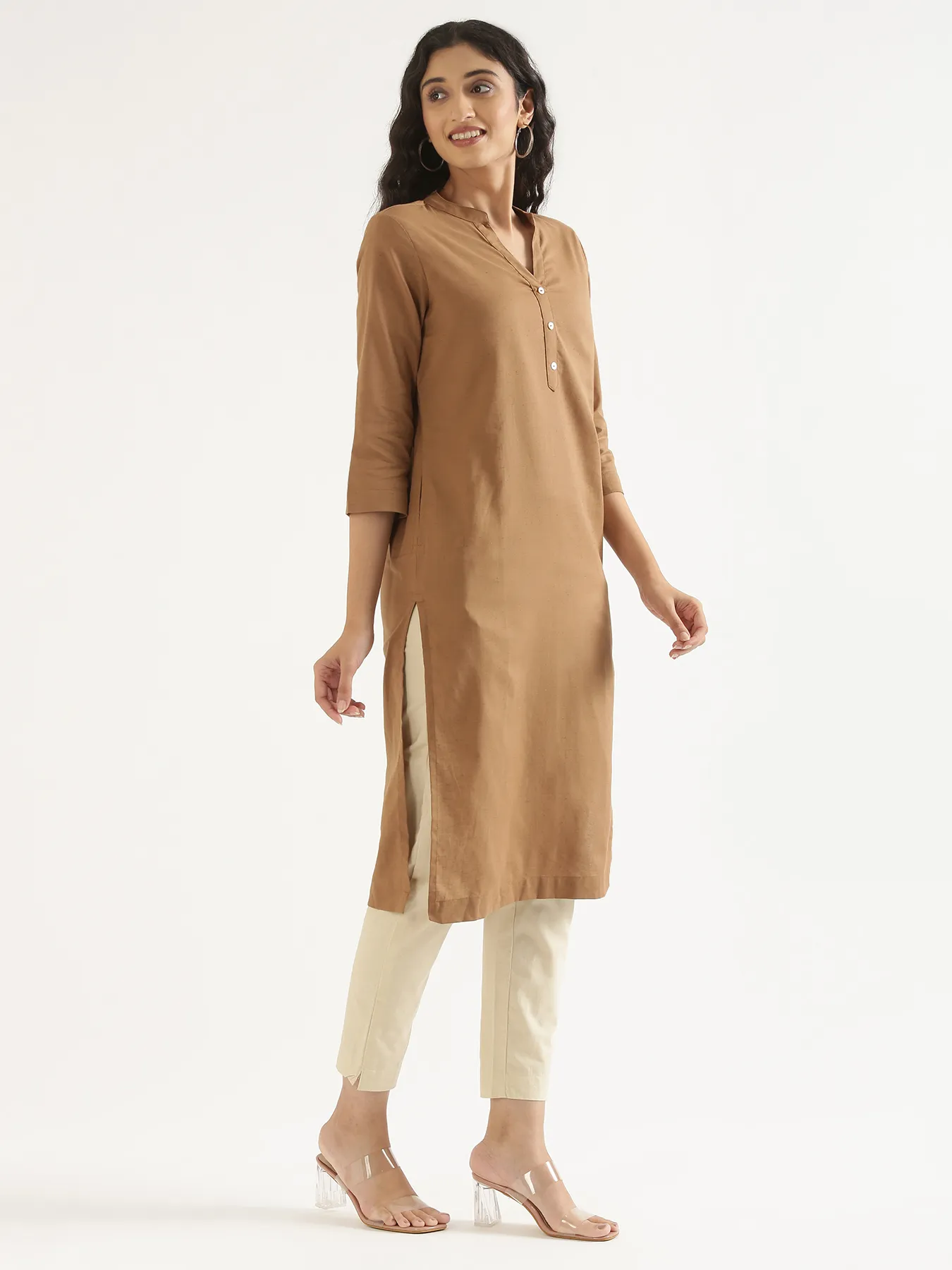 Women Coffee Brown Airy Linen Long Kurta - Image 10