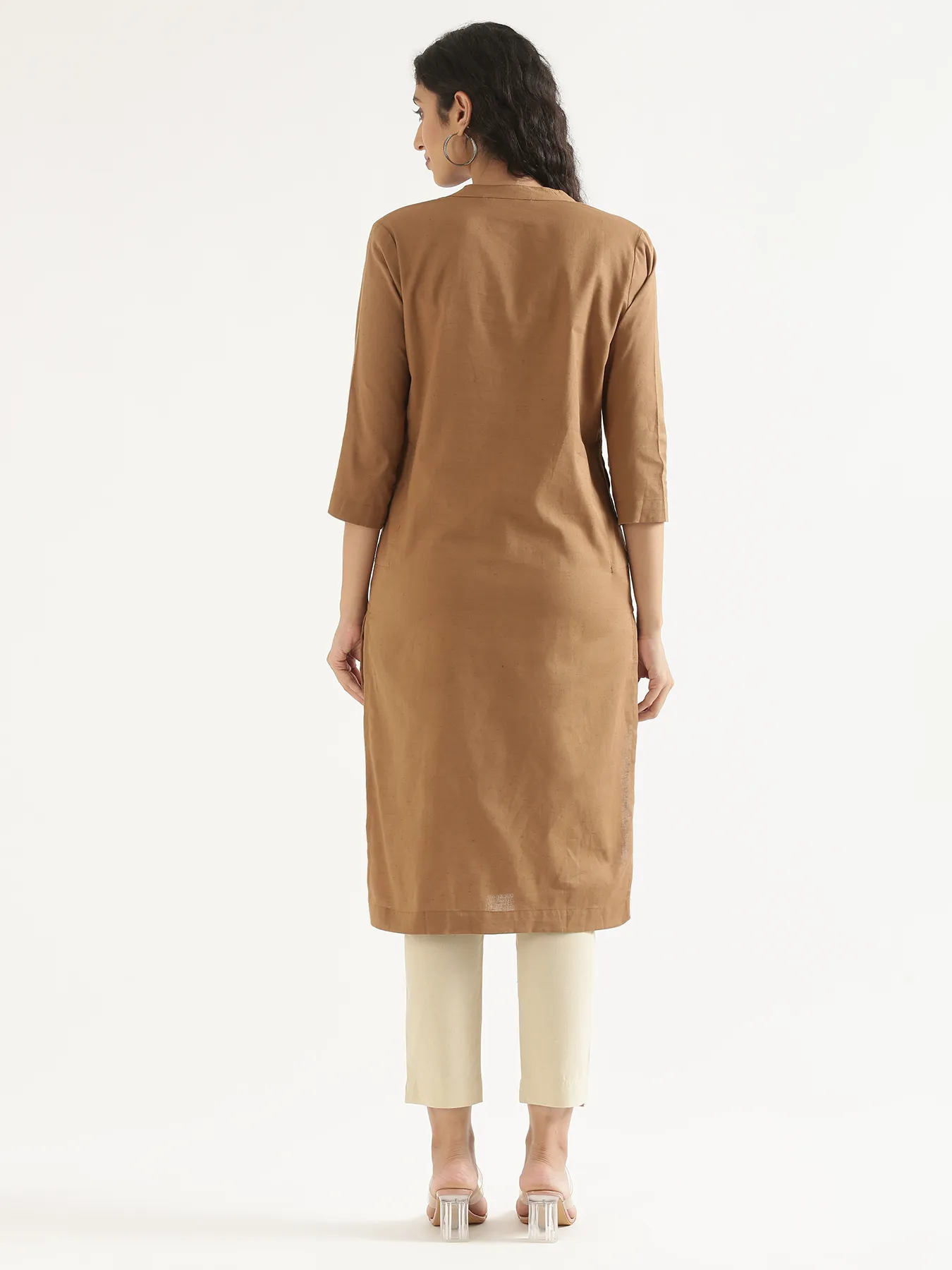 Women Coffee Brown Airy Linen Long Kurta - Image 11