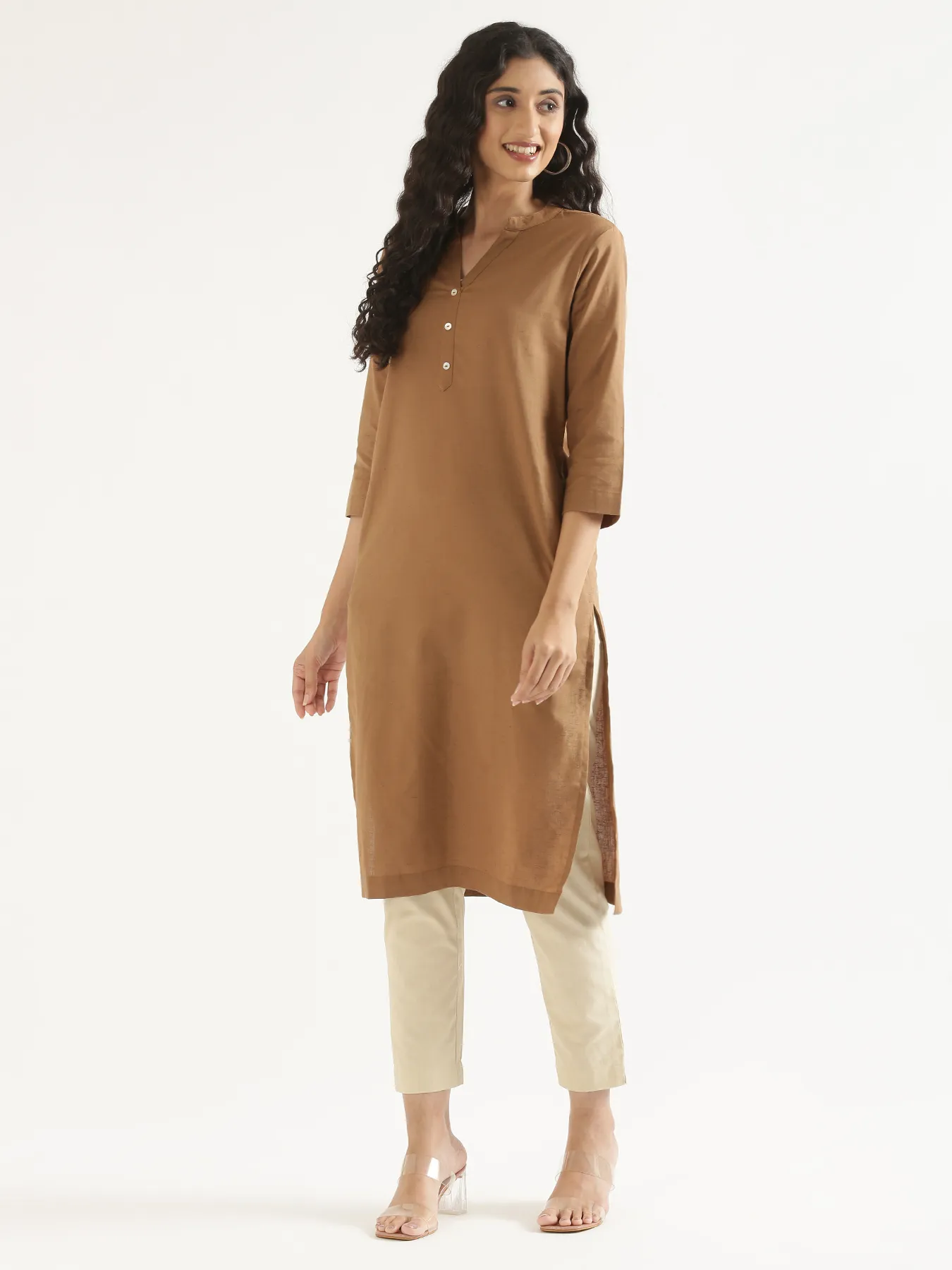 Women Coffee Brown Airy Linen Long Kurta - Image 12