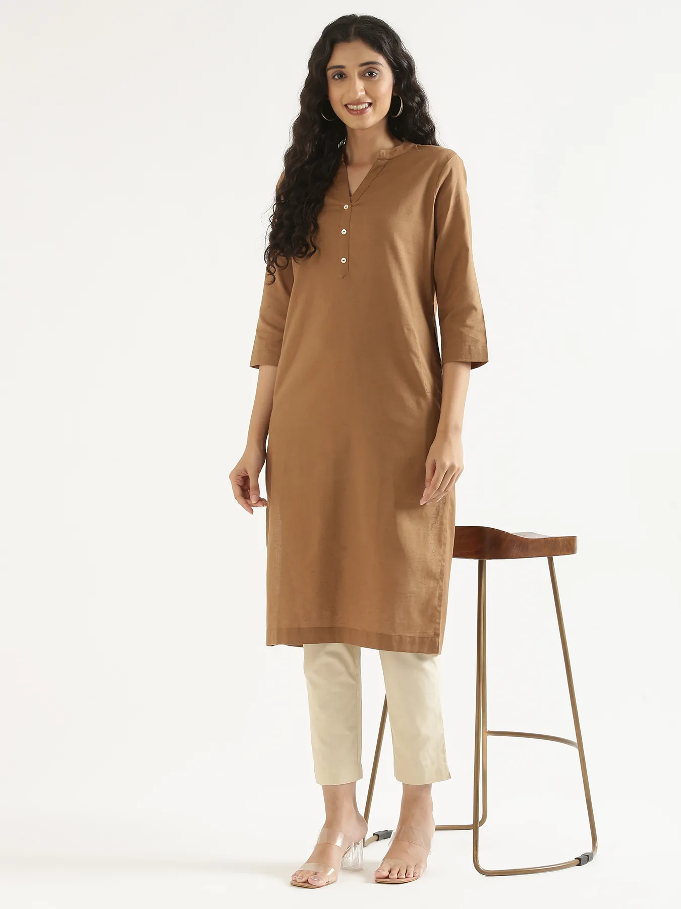 Women Coffee Brown Airy Linen Long Kurta - Image 13