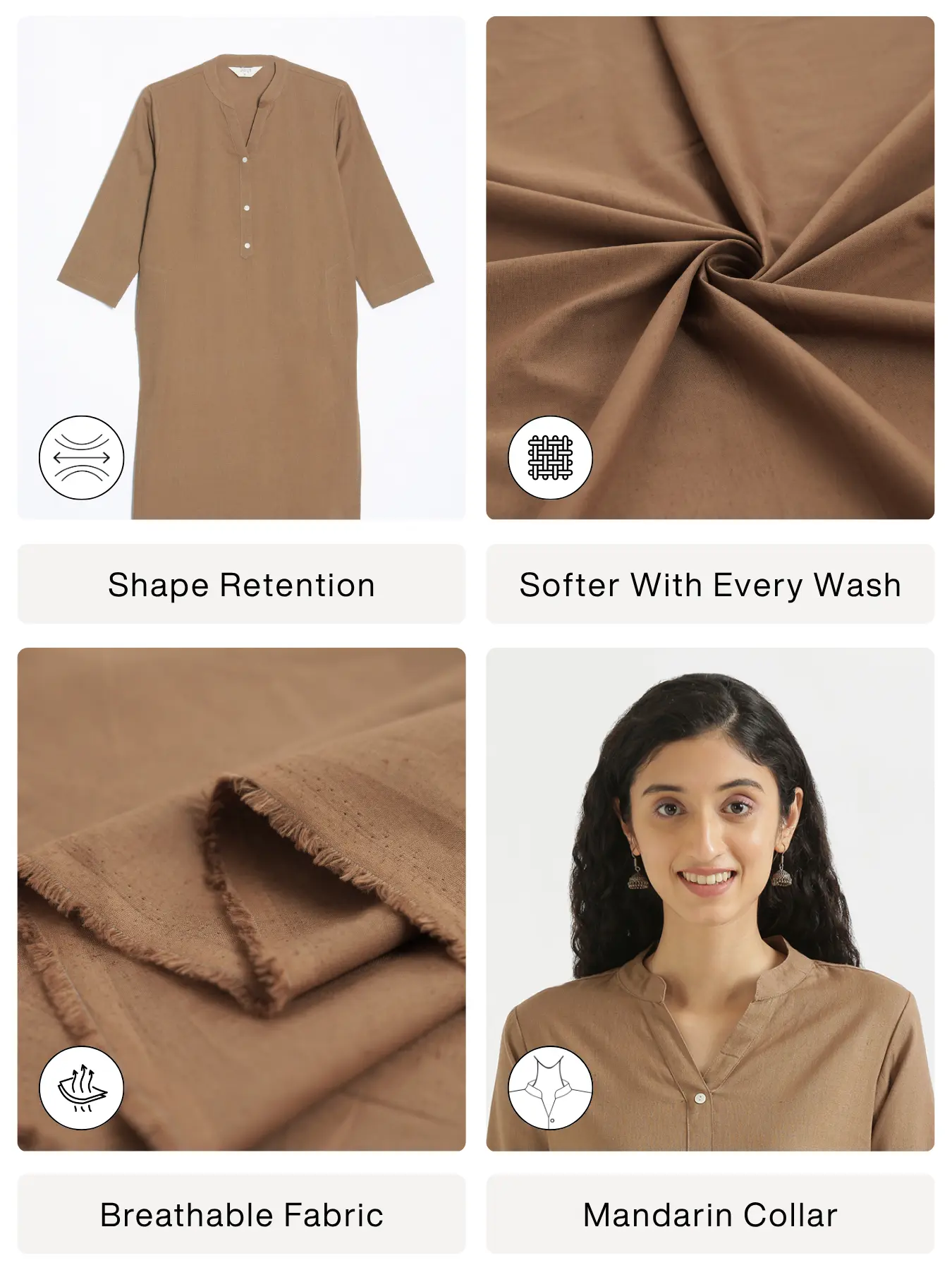 Women Coffee Brown Airy Linen Long Kurta - Image 2