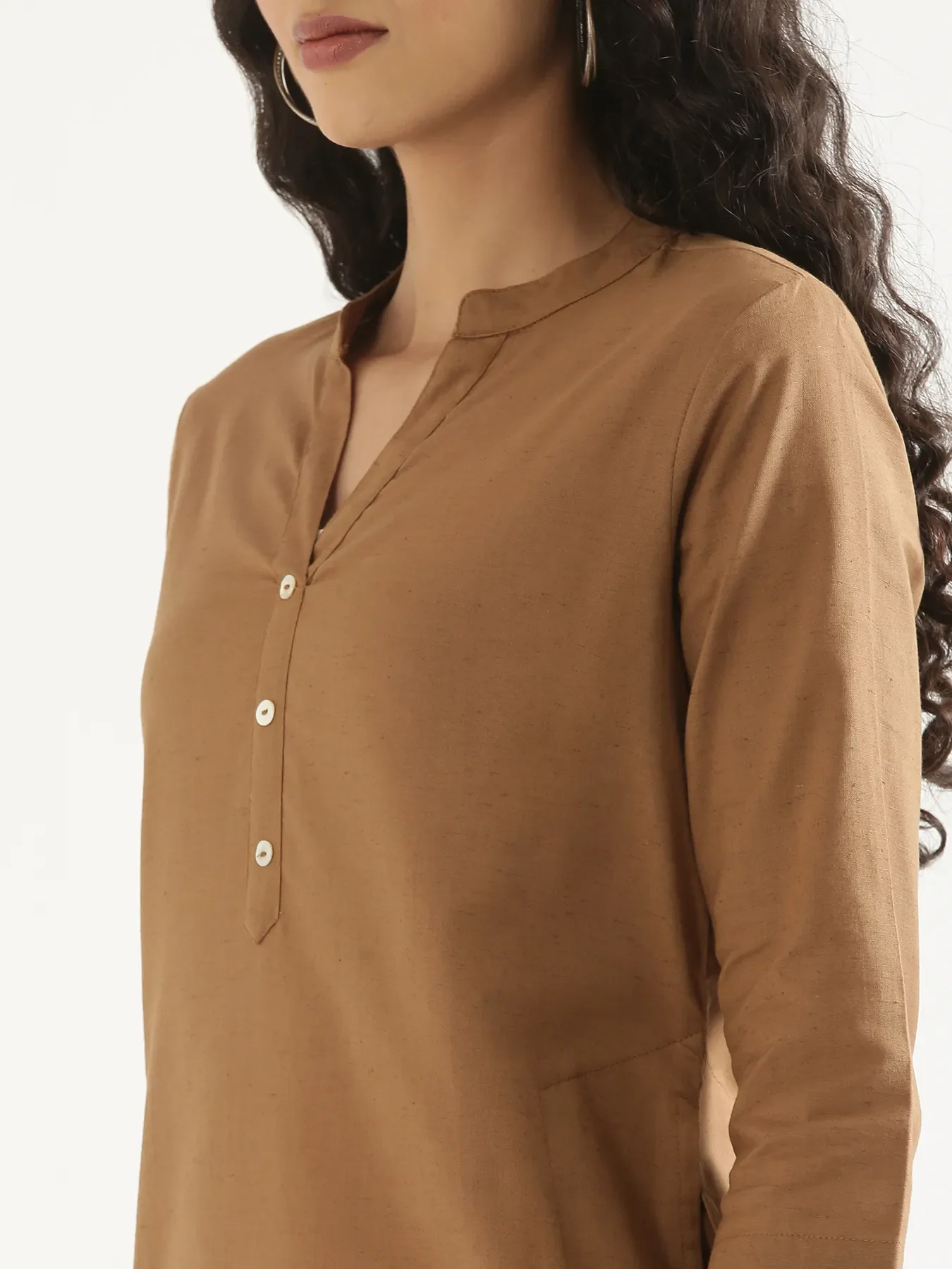 Women Coffee Brown Airy Linen Long Kurta - Image 6