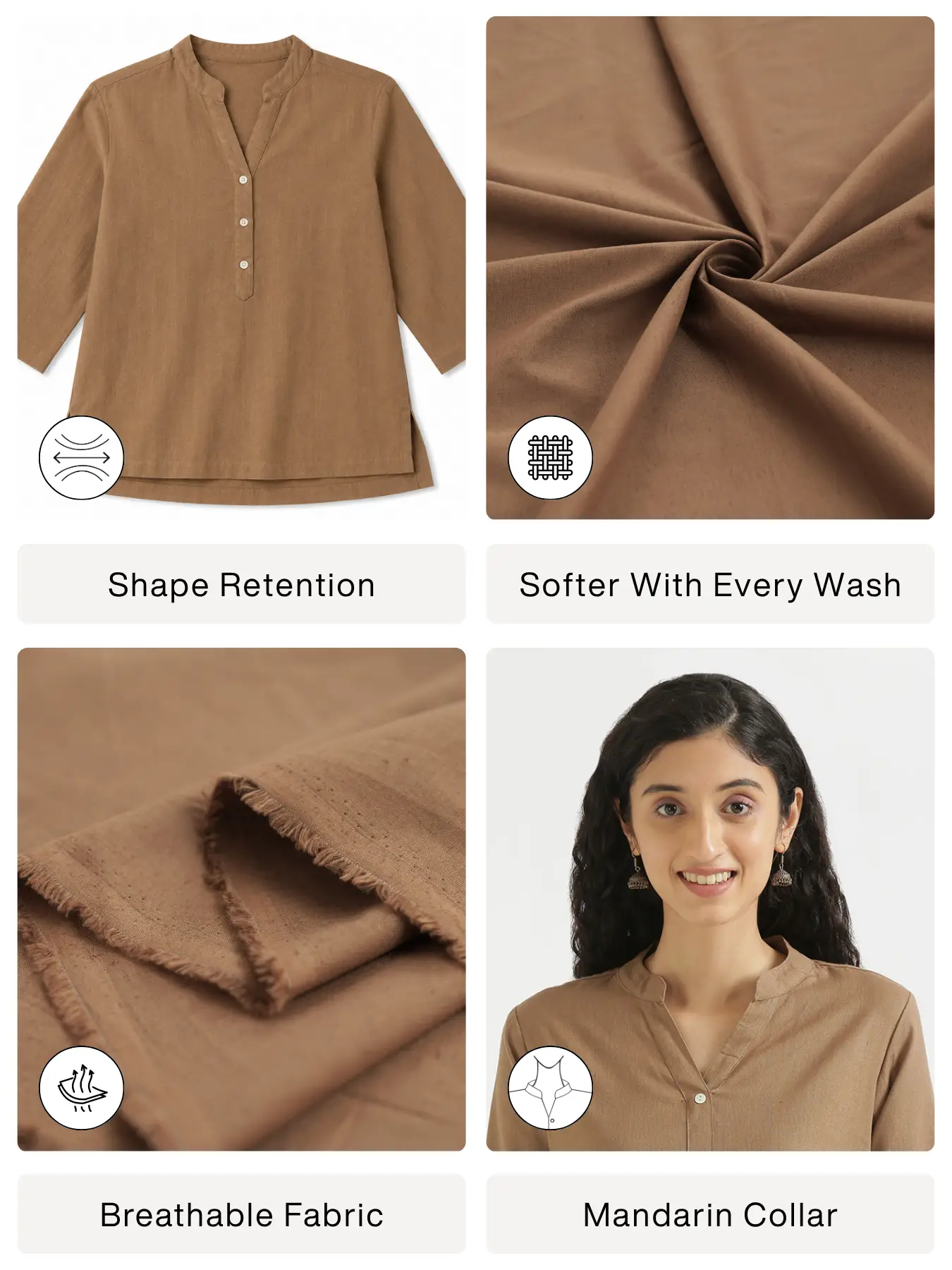 Women Coffee Brown Airy Linen Short Kurta - Image 2