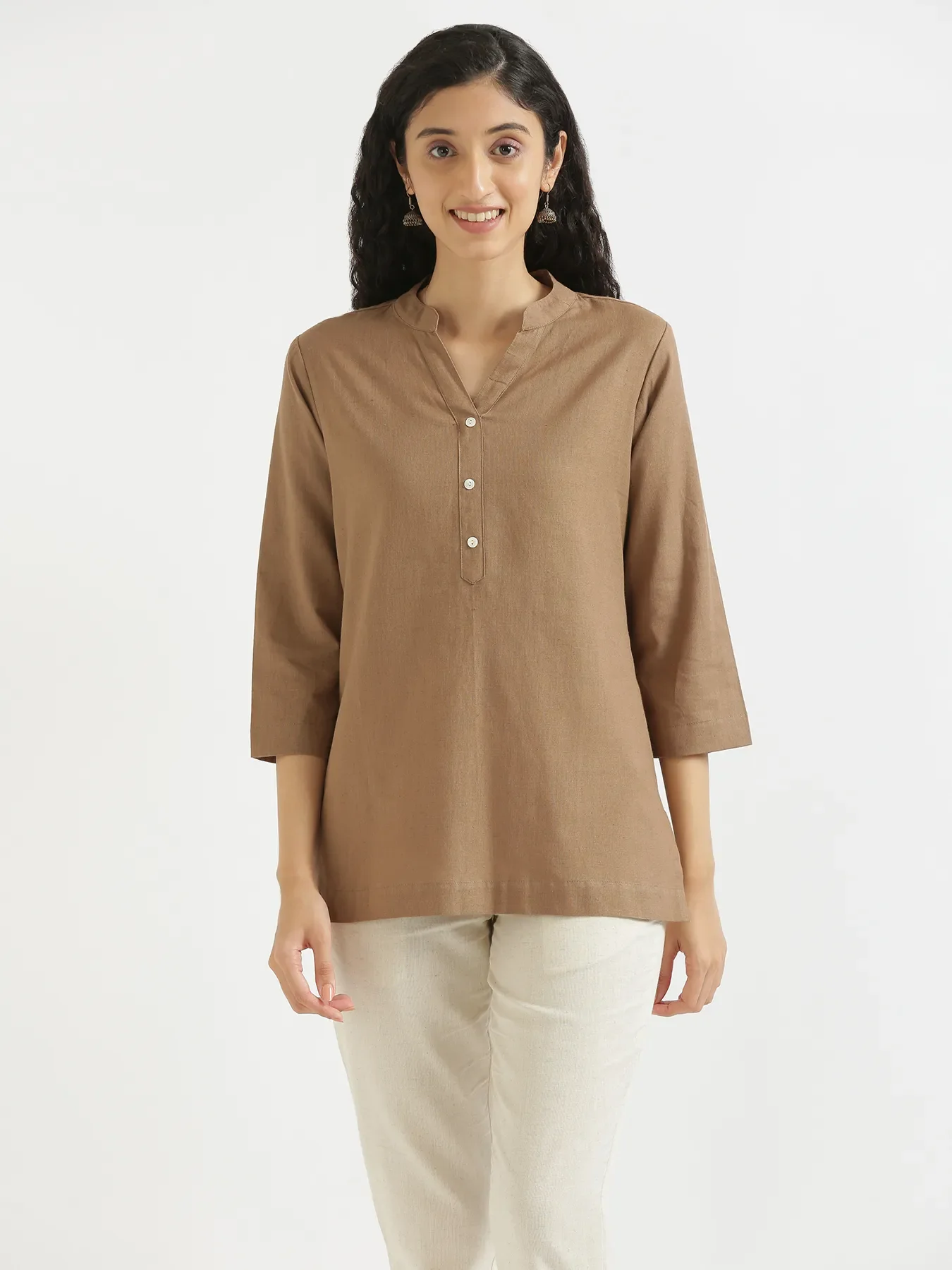 Women Coffee Brown Airy Linen Short Kurta - Image 3