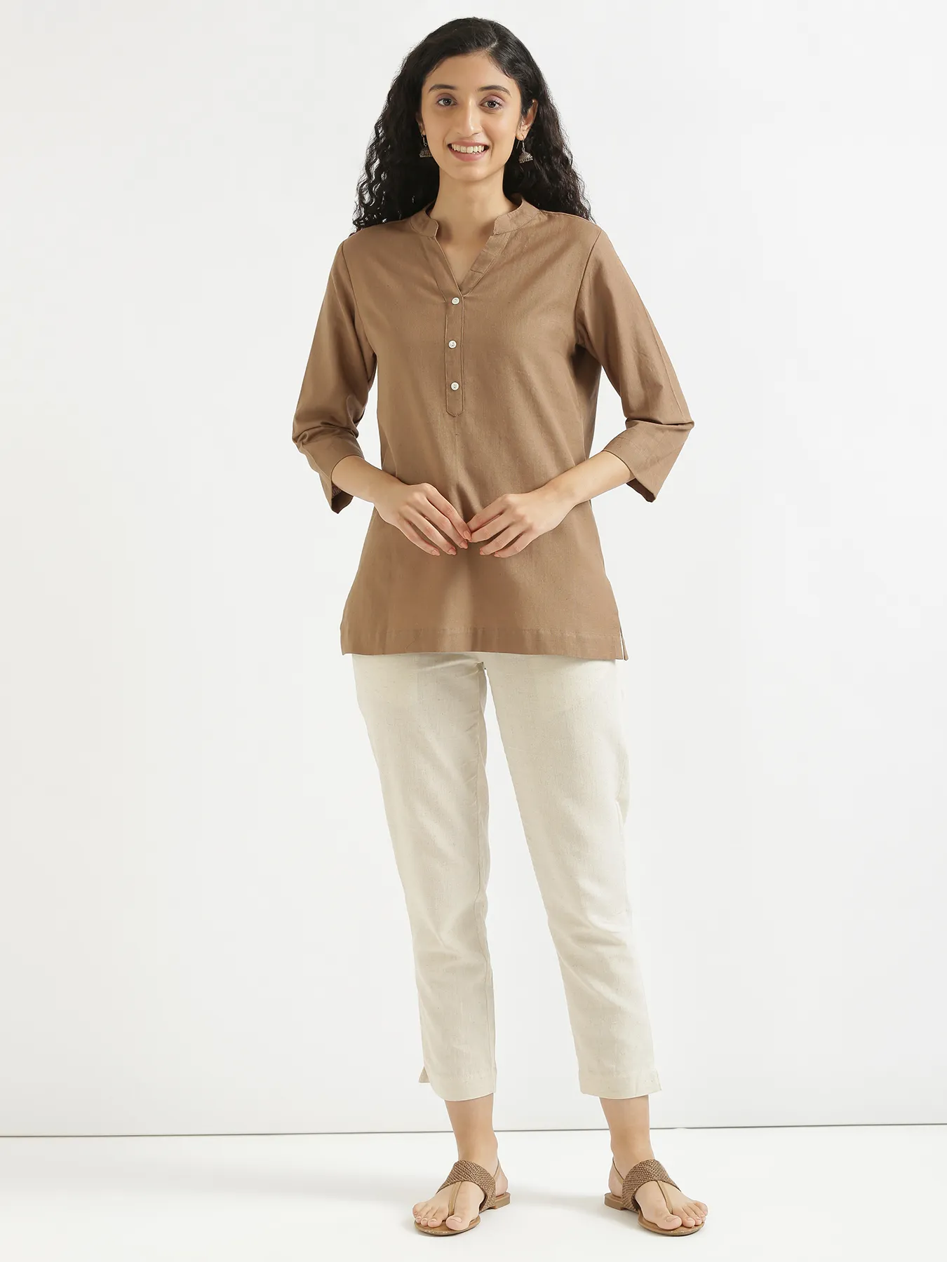 Women Coffee Brown Airy Linen Short Kurta - Image 7