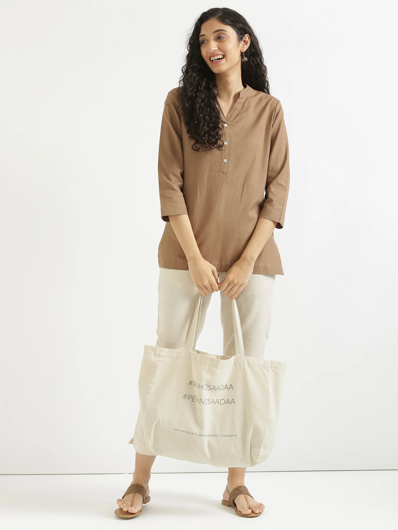 Women Coffee Brown Airy Linen Short Kurta - Image 9
