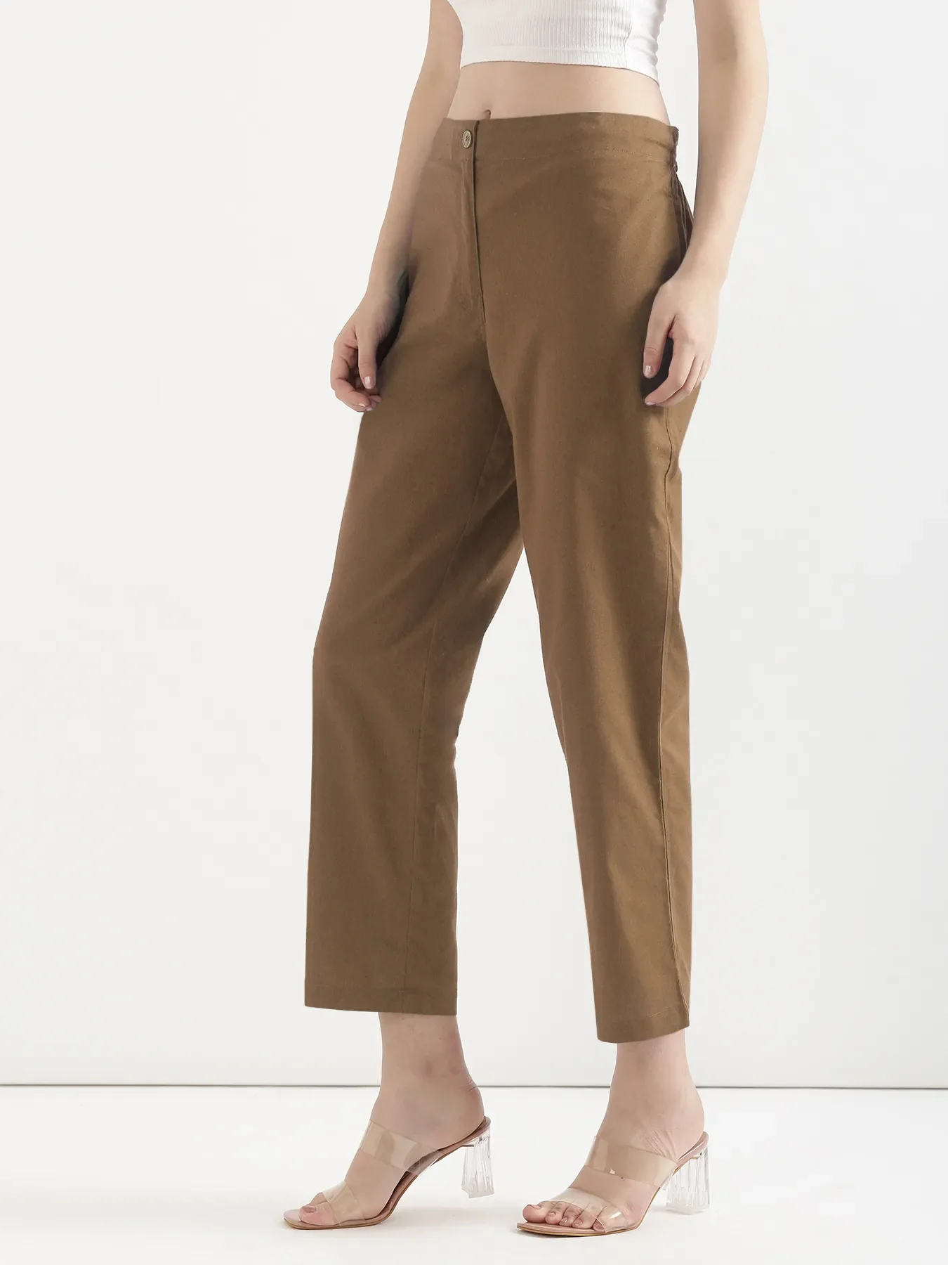 Women Coffee Brown Airy Linen Straight Pants - Image 4