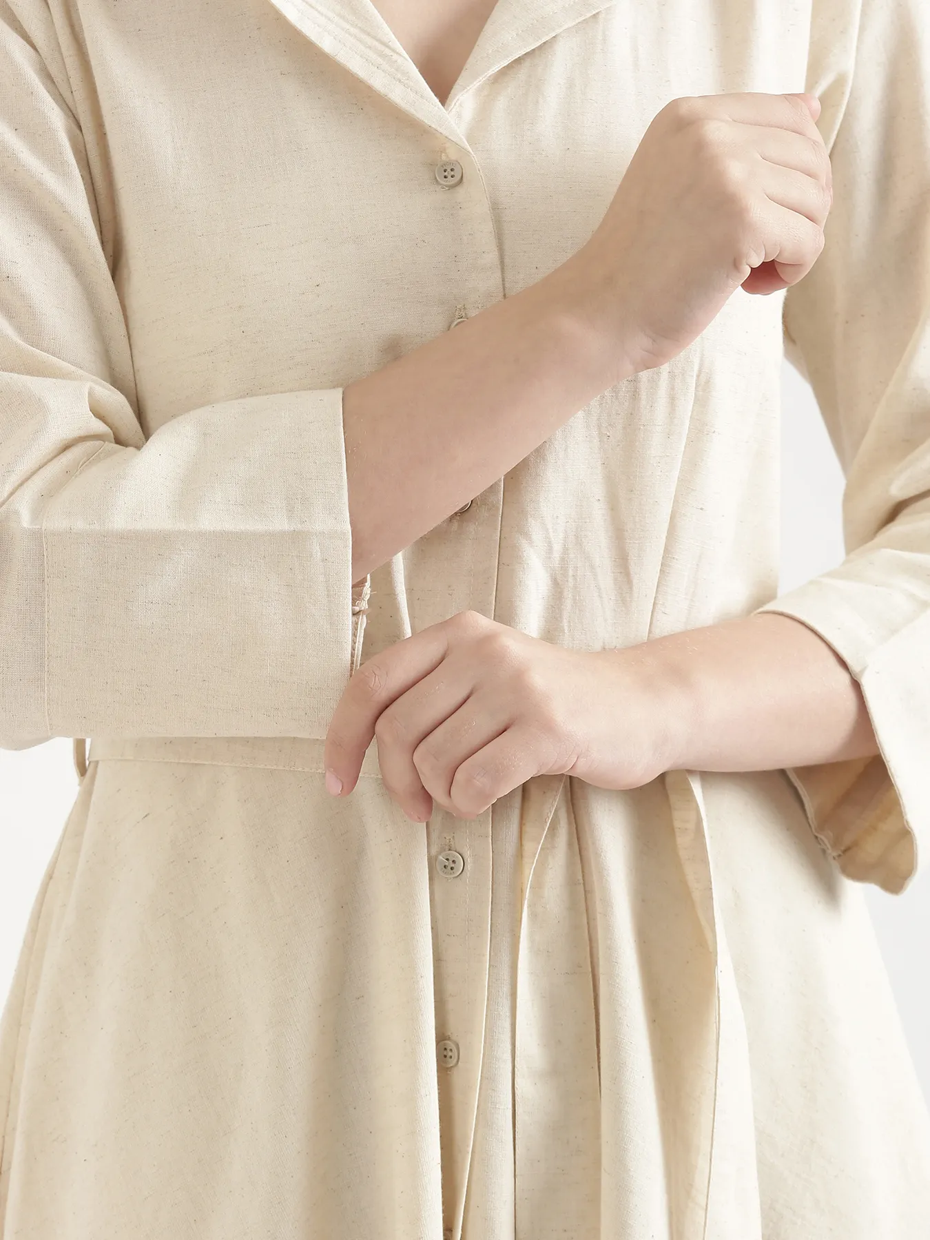 Women Ecru Airy Linen Flared Dress - Image 10