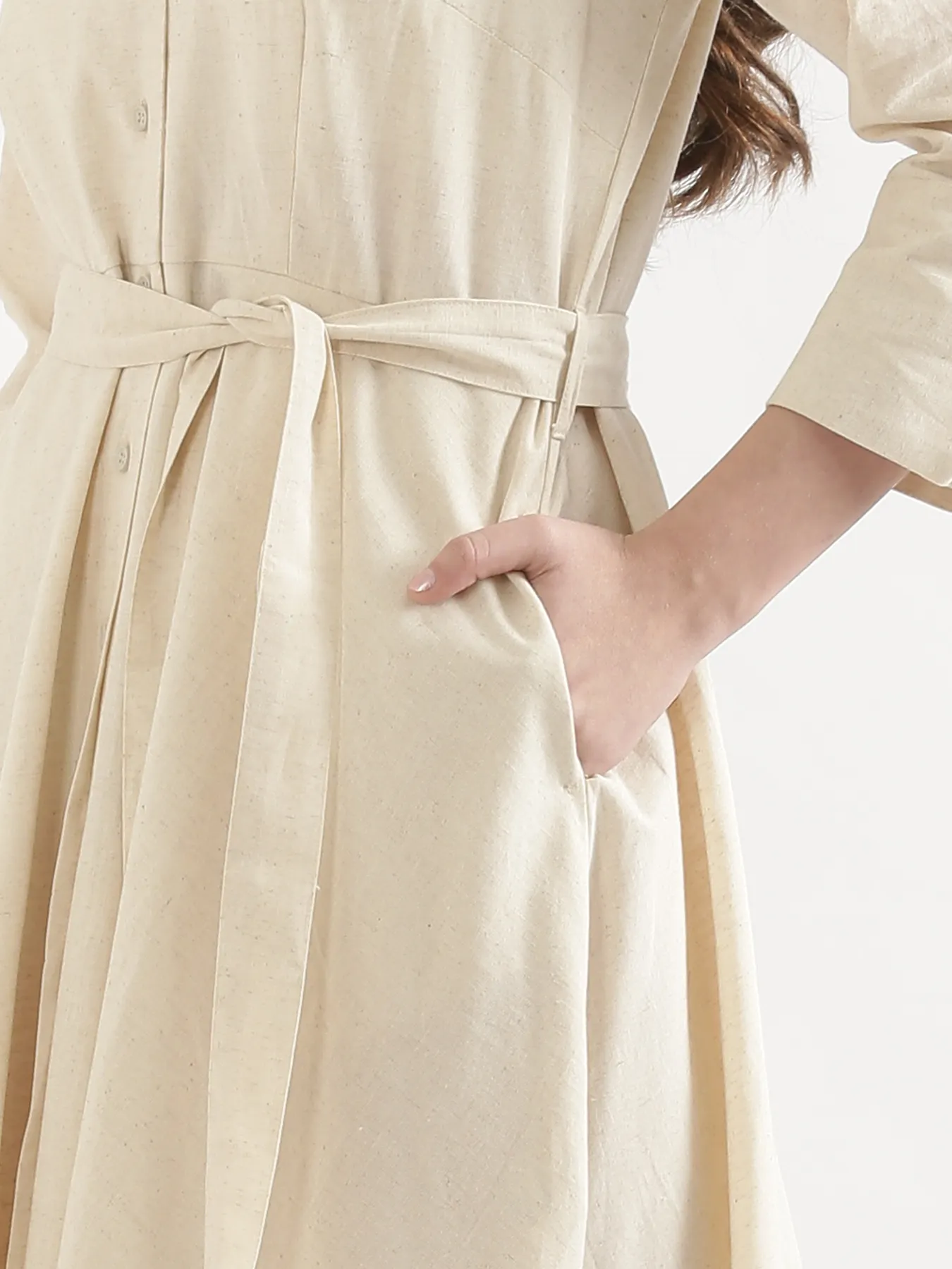 Women Ecru Airy Linen Flared Dress - Image 13