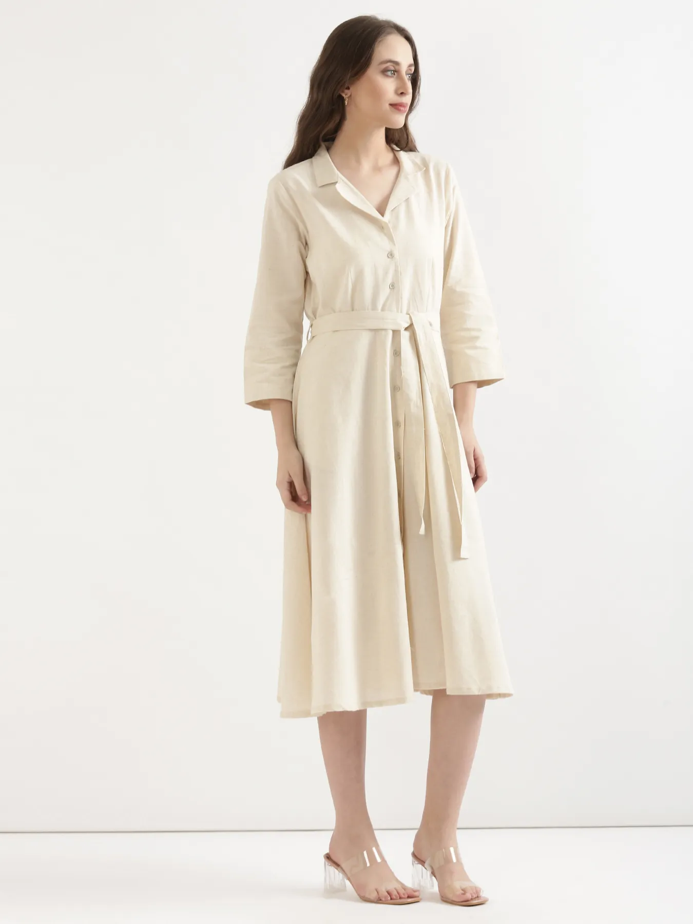 Women Ecru Airy Linen Flared Dress - Image 3