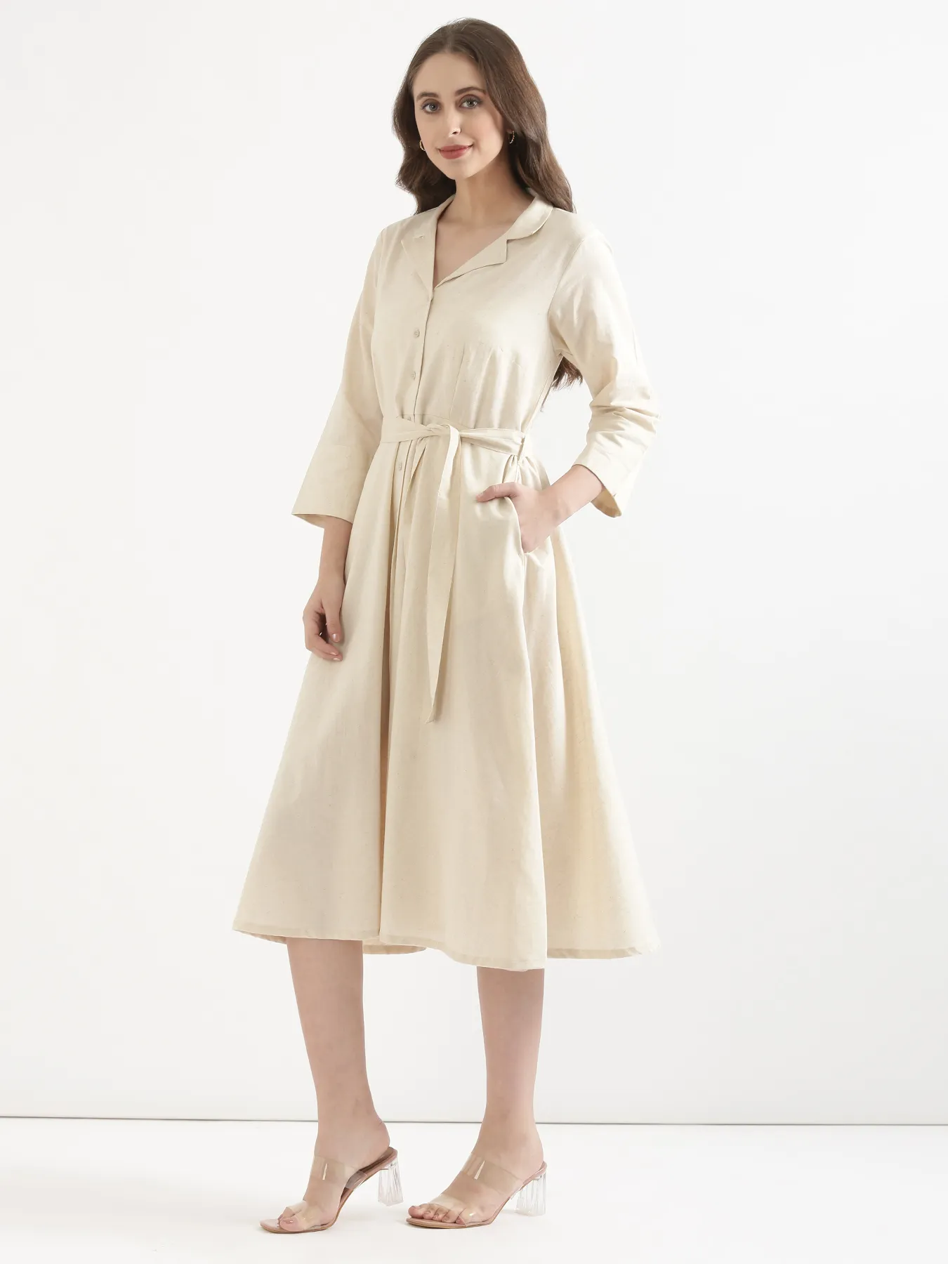 Women Ecru Airy Linen Flared Dress - Image 4