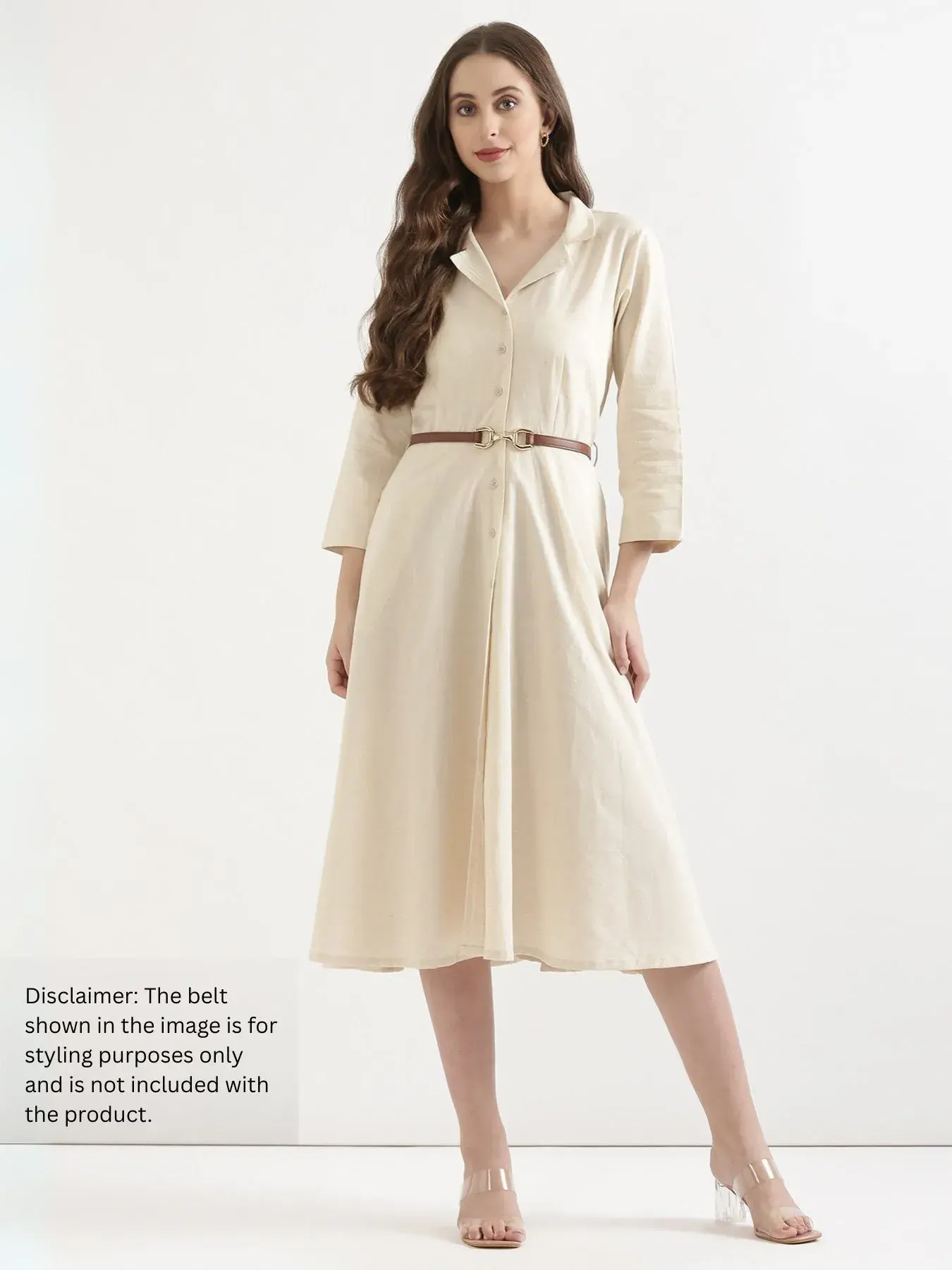 Women Ecru Airy Linen Flared Dress - Image 6