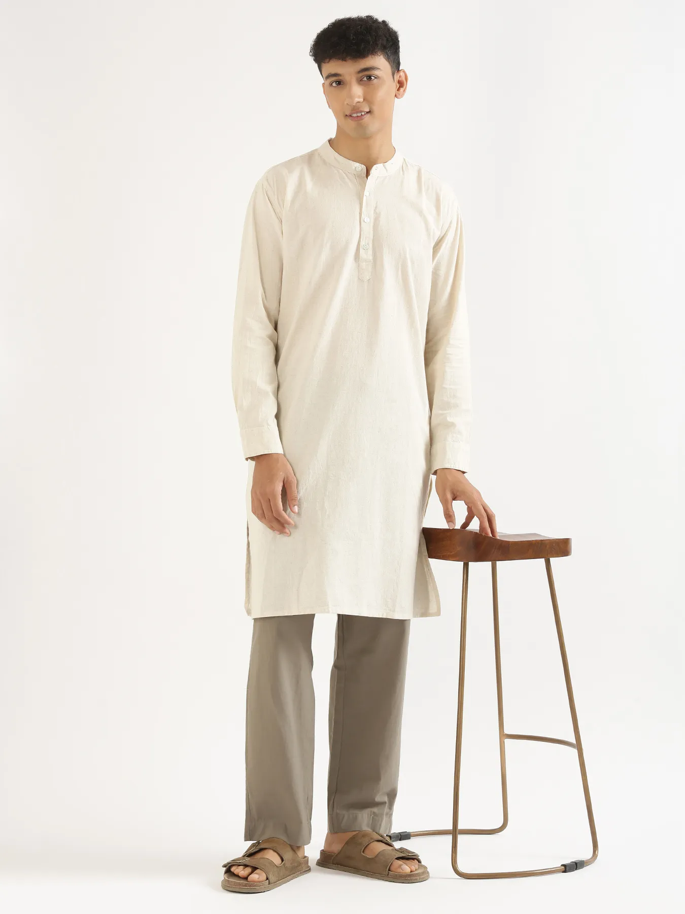 Men Ecru Airy Linen Long Kurta - Image 10