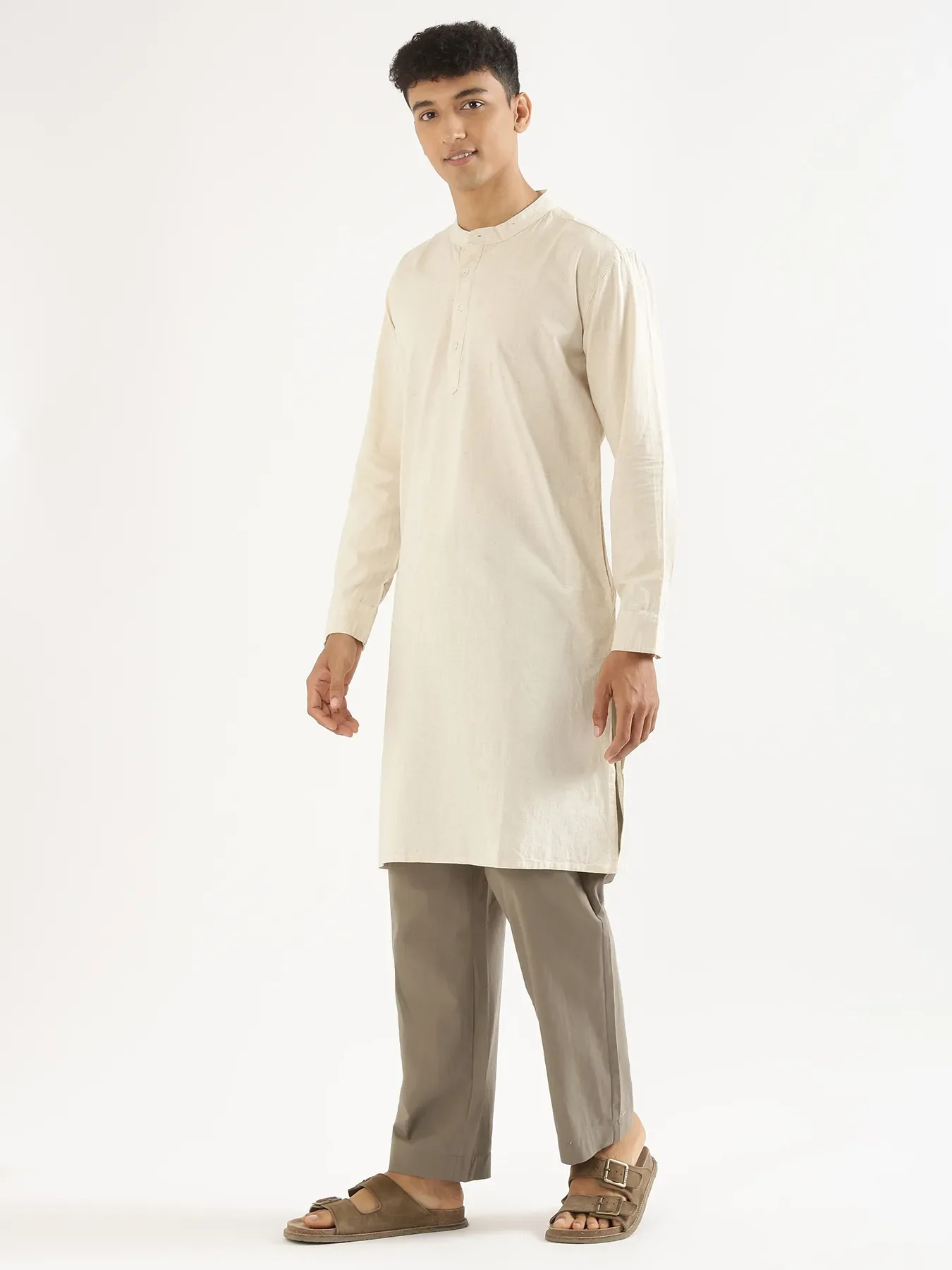 Men Ecru Airy Linen Long Kurta - Image 3